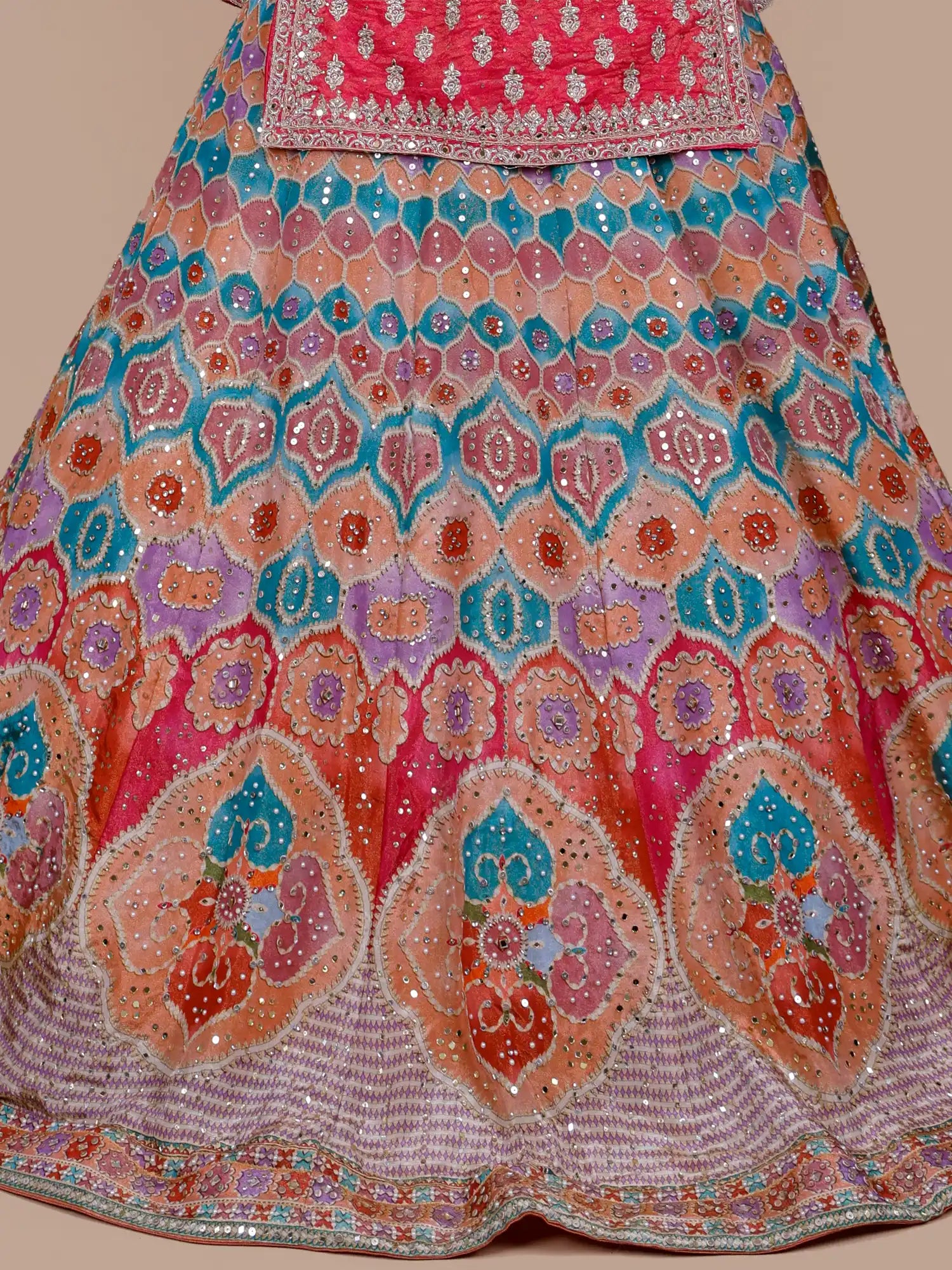 Buy Iconic Printed Silk Peplum Lehenga With Elegant Heritage Work