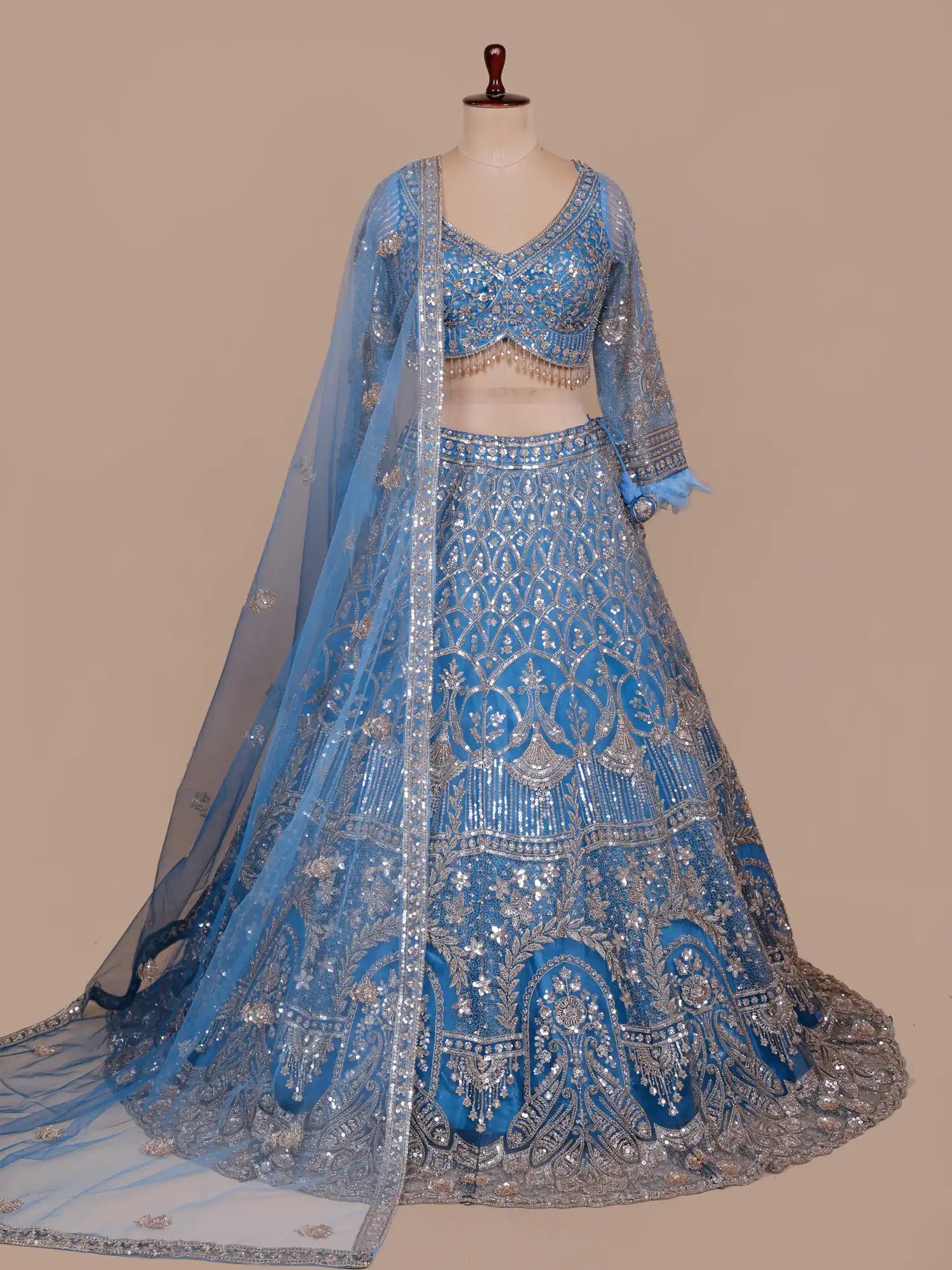 Buy Iconic Sky Blue Designer Lehenga With Rich Feather Embroidery