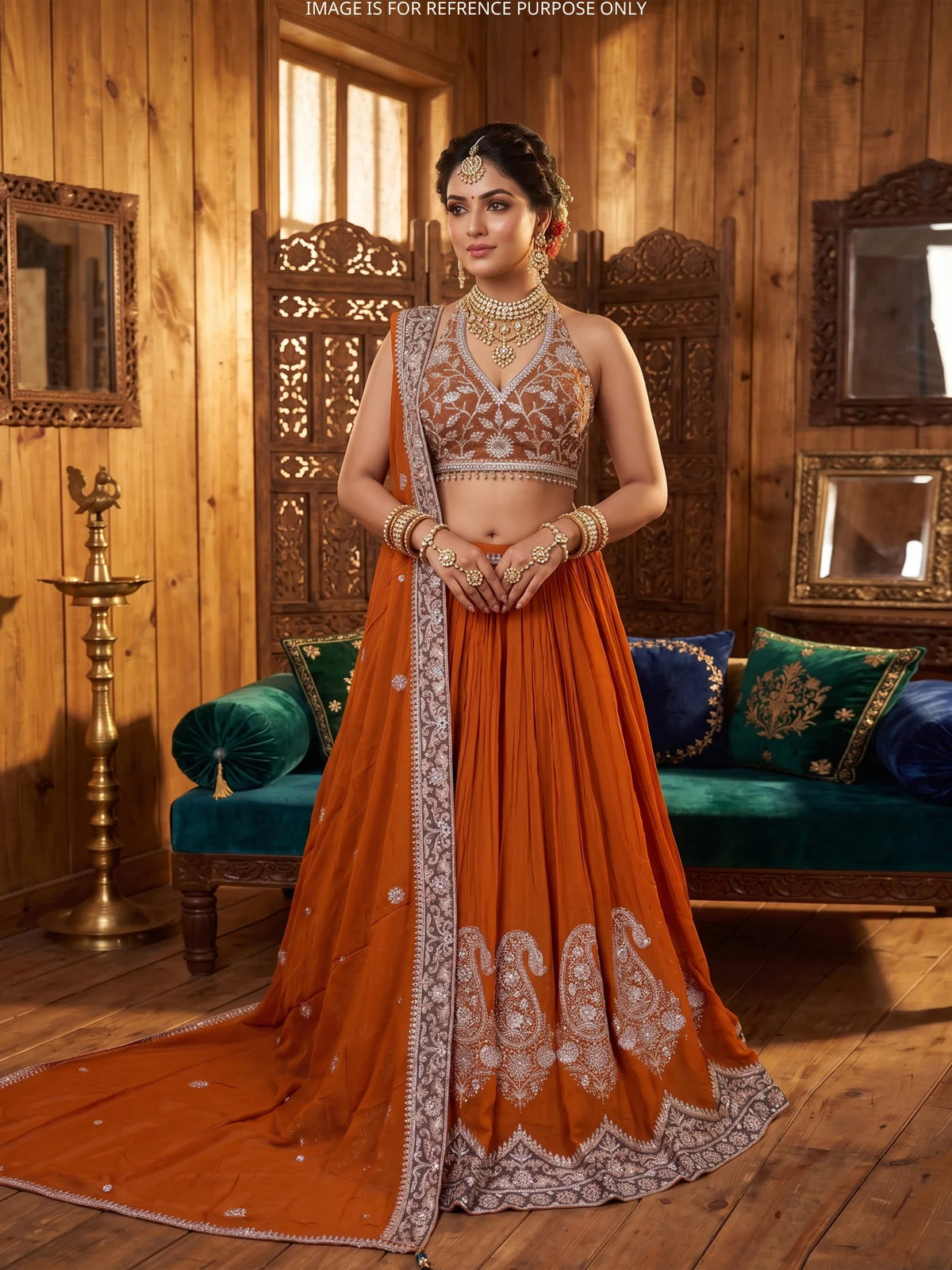 Stylish Rust Orange Chinon Designer Lehenga Choli With Machine Embroidery
