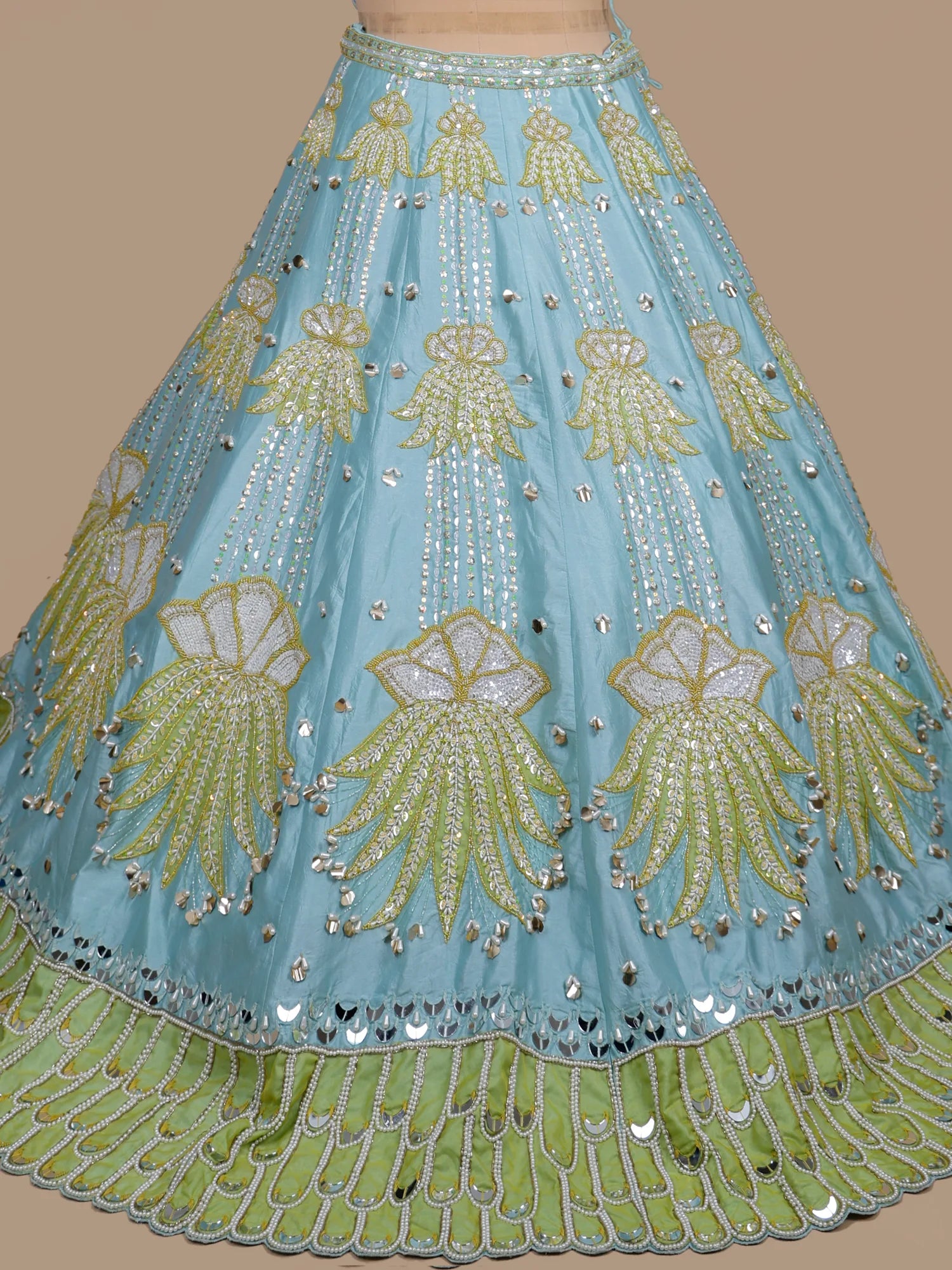 Trending Sky Blue Party Wear Raw Silk Pearl Work Lehenga Online