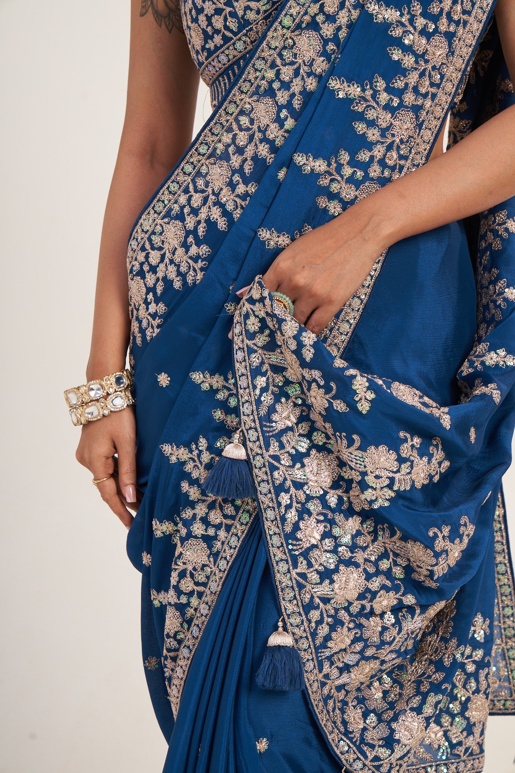Dark Blue Pure Chinon Saree With Thread