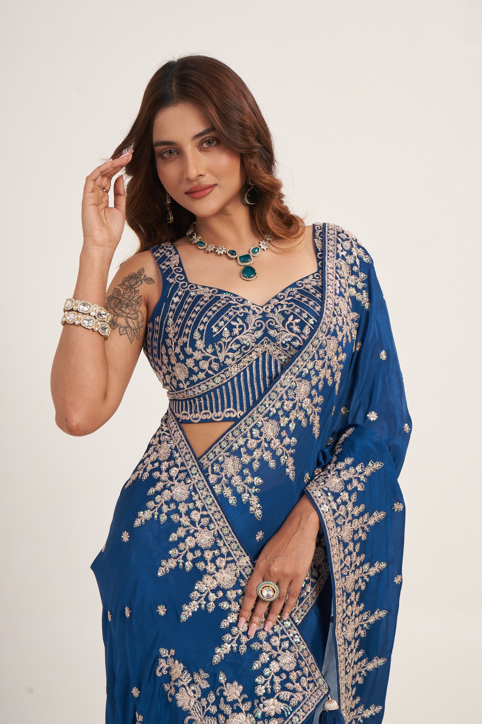 Dark Blue Pure Chinon Saree With Thread