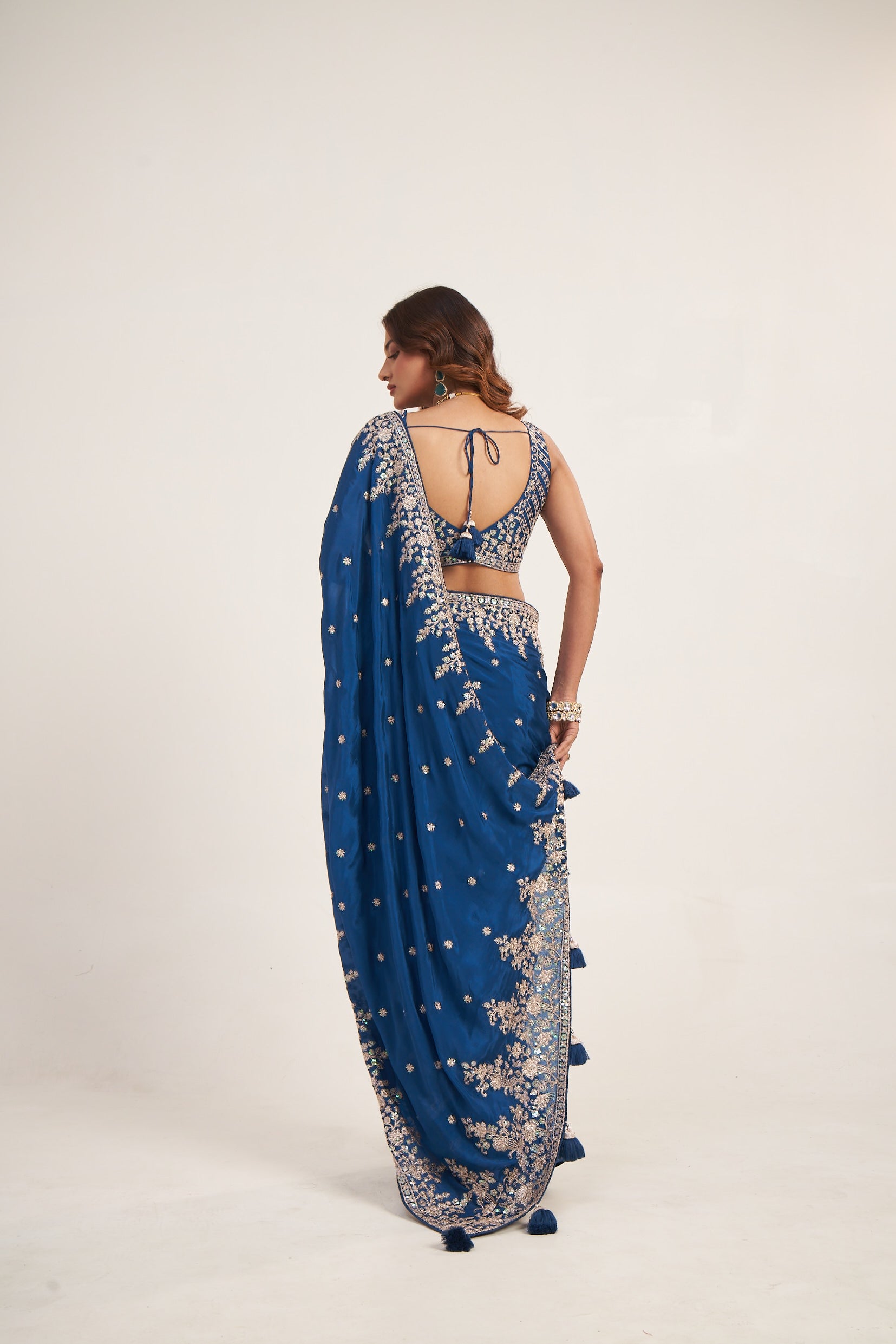 Dark Blue Pure Chinon Saree With Thread