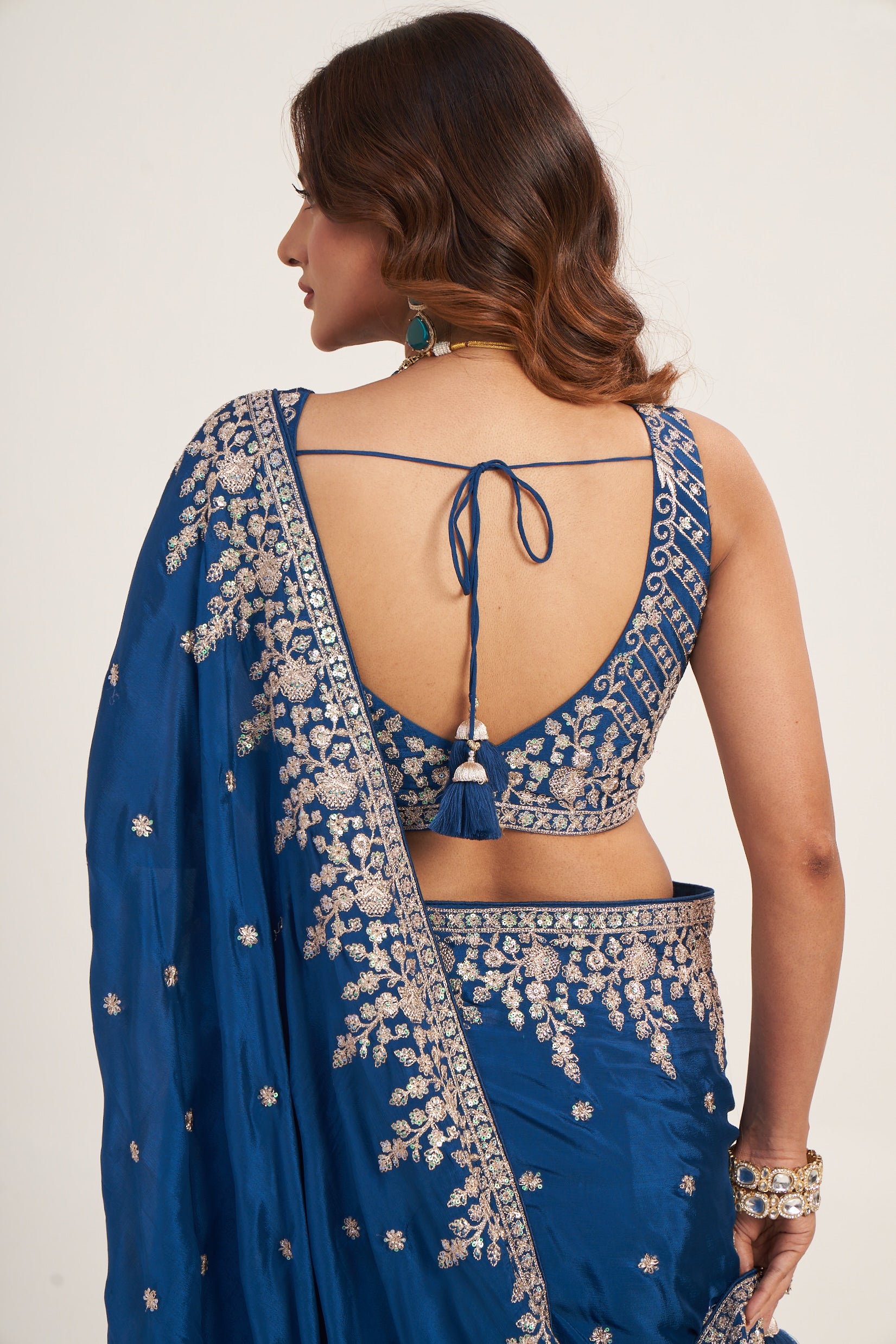 Dark Blue Pure Chinon Saree With Thread
