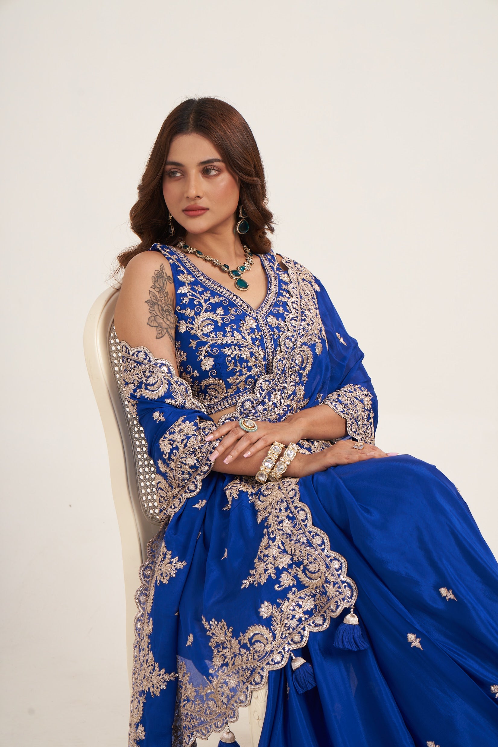 Royal Blue Pure Chinon Saree With Sequin
