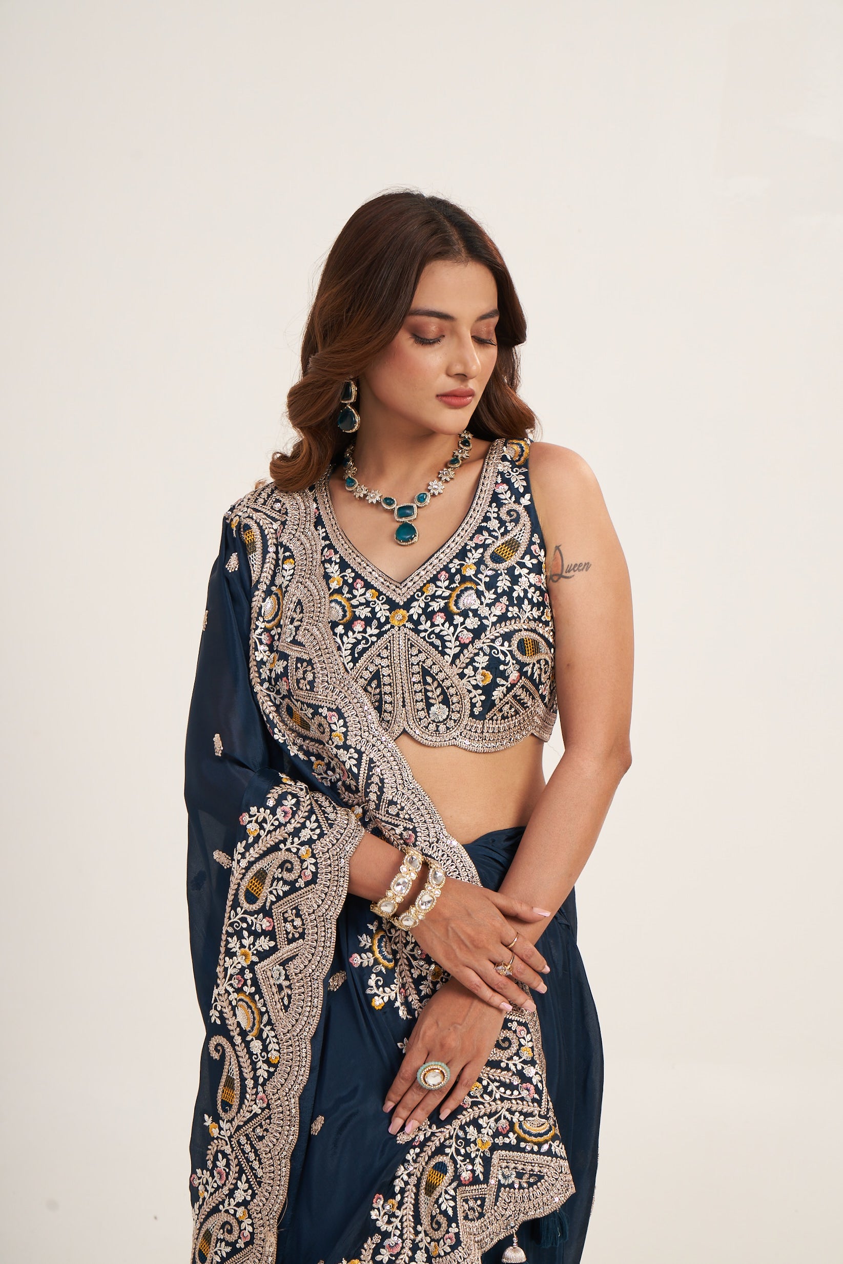 Airforce Blue Grace  Pure Chinon Saree