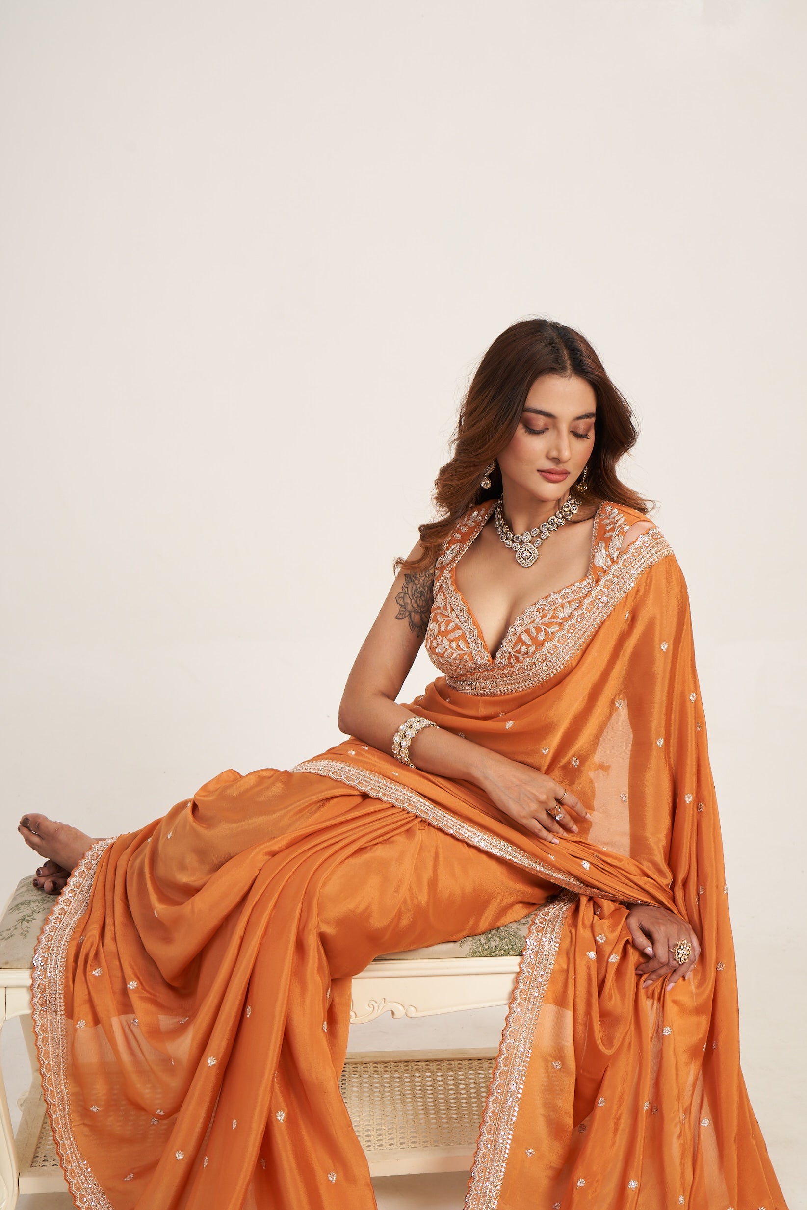 Sunset Glow Orange Pure Chinon Saree