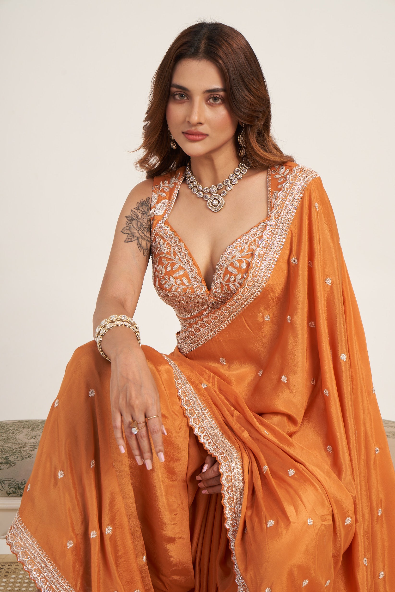 Sunset Glow Orange Pure Chinon Saree