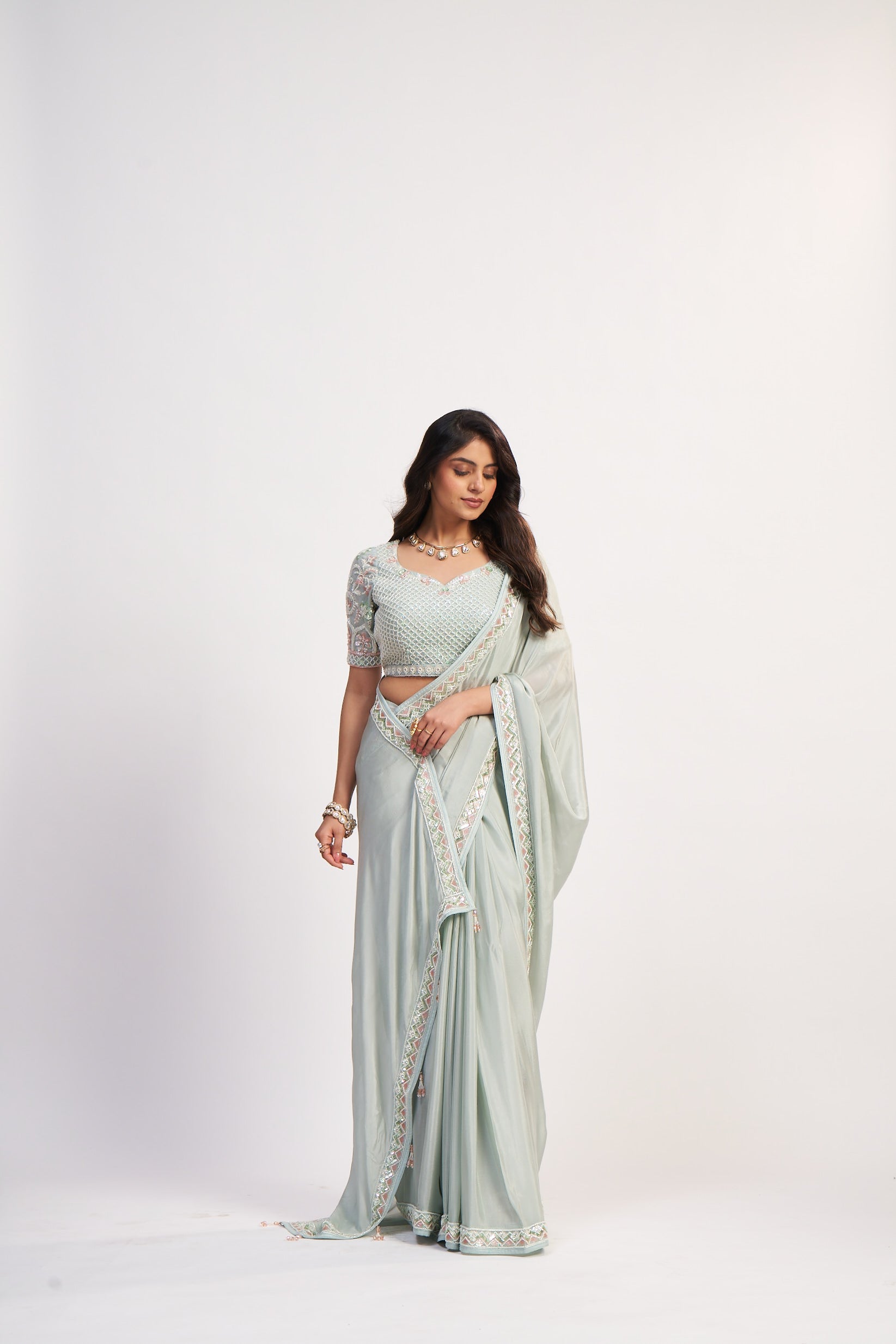 Light Aqua Pure Chinon Saree