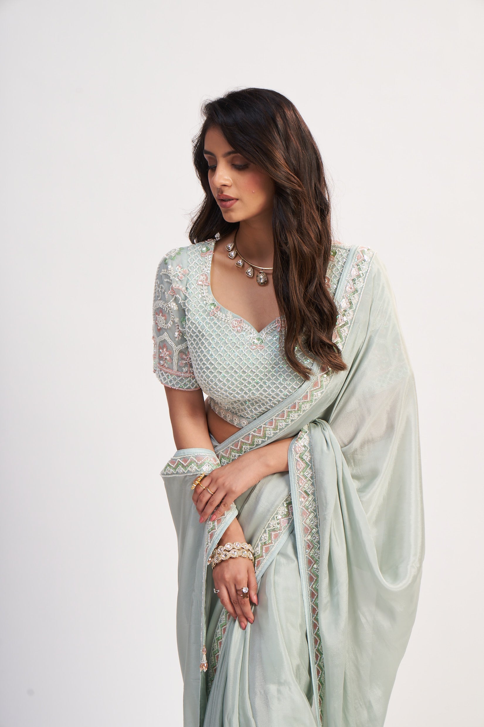 Light Aqua Pure Chinon Saree