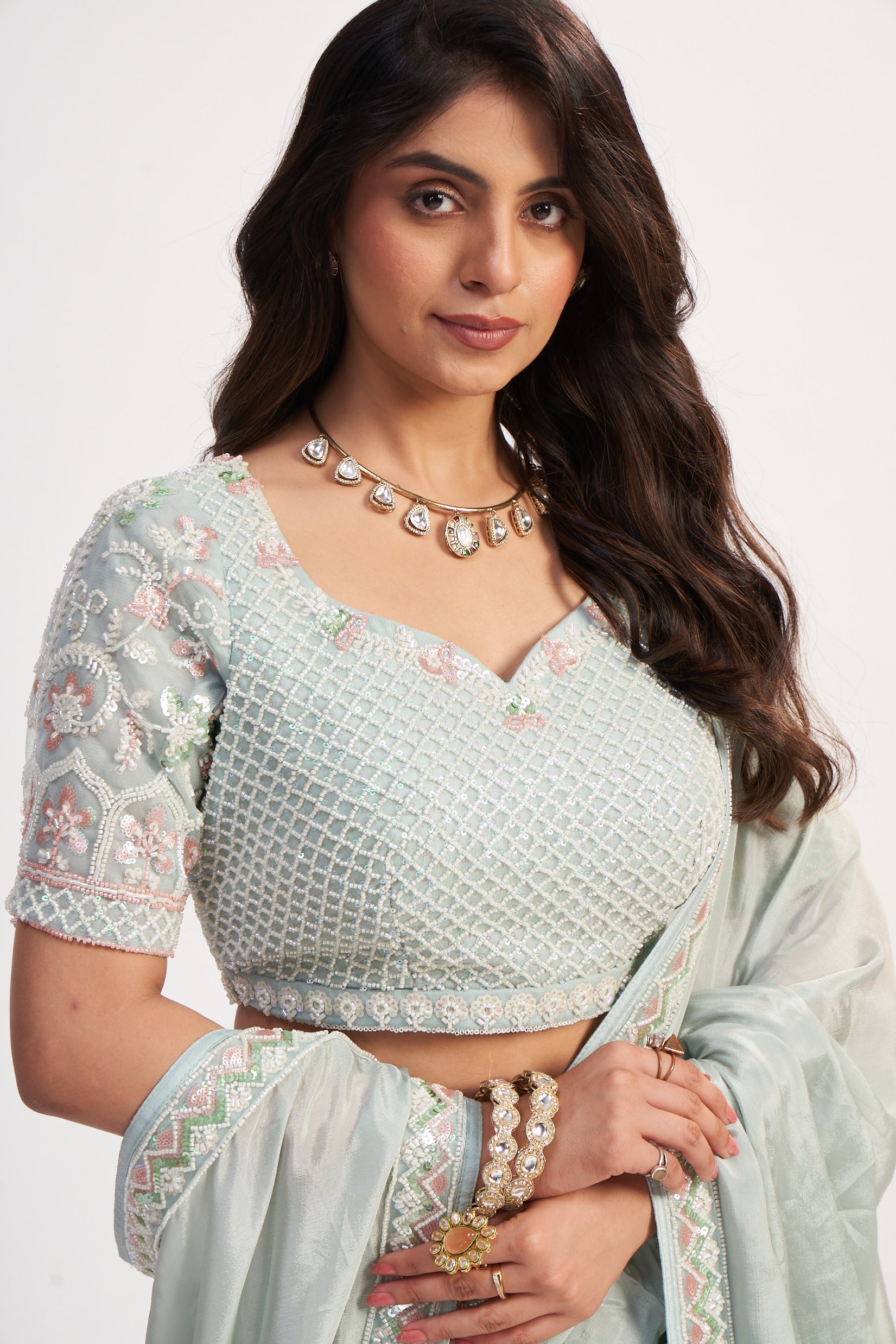 Light Aqua Pure Chinon Saree