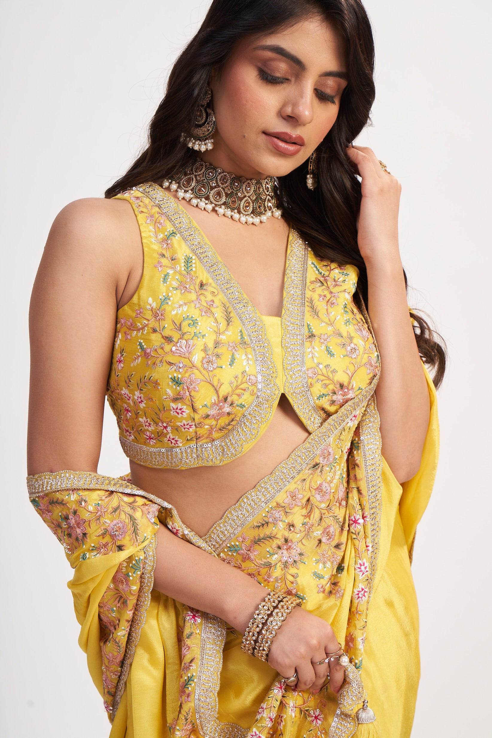 Yellow Chinon Sequin Saree