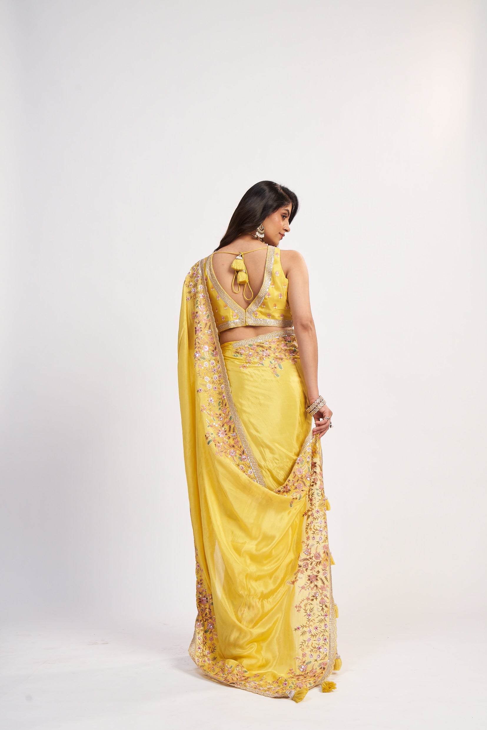 Yellow Chinon Sequin Saree