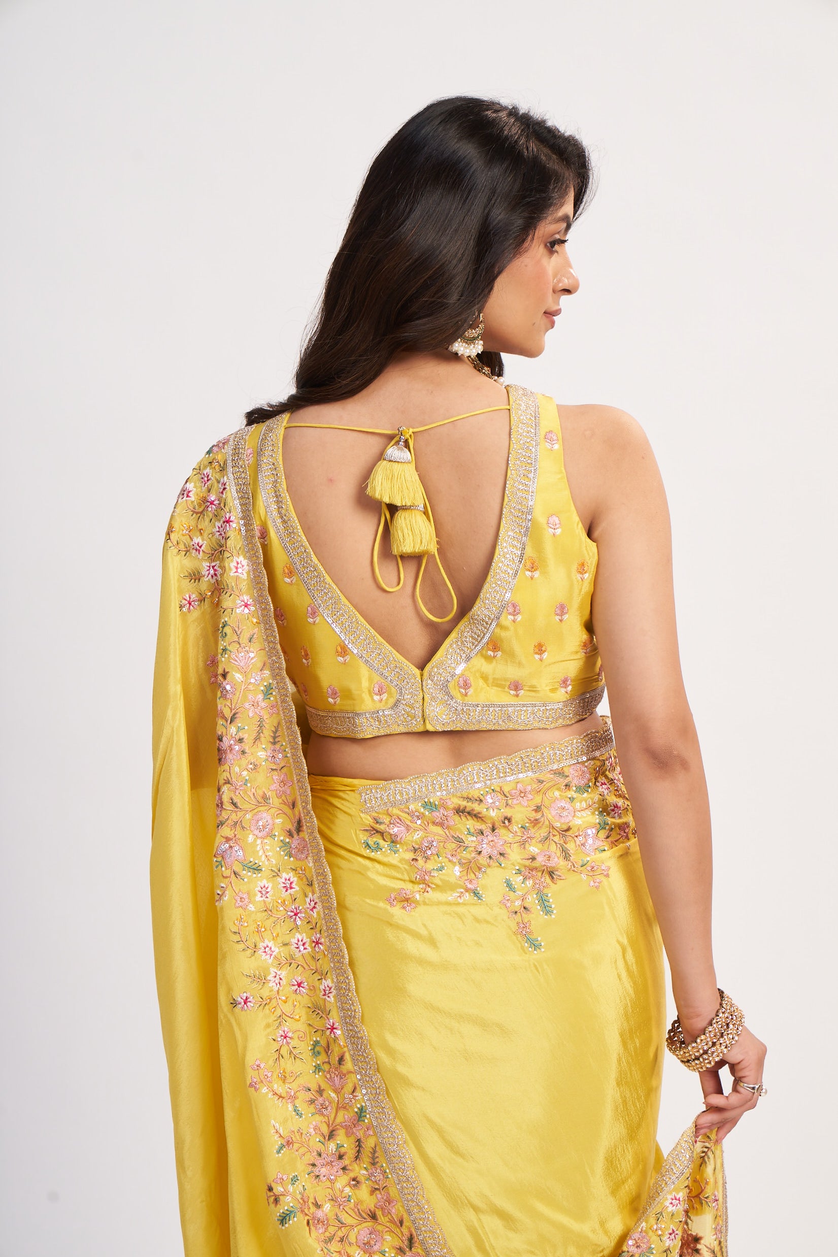 Yellow Chinon Sequin Saree