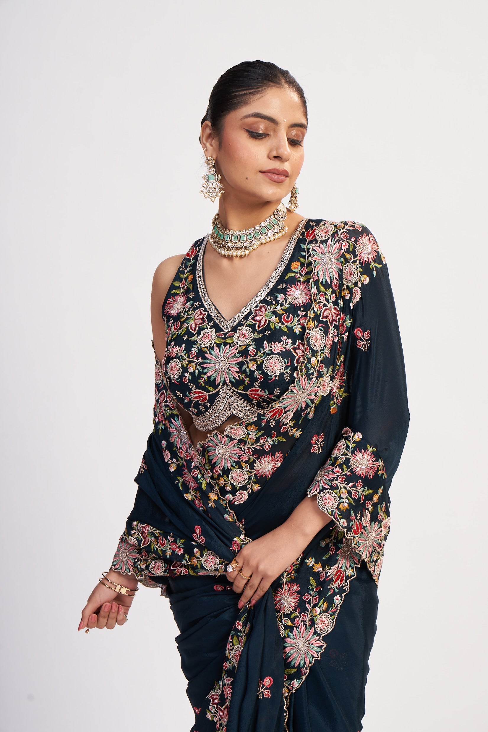 Indigo Chinon Multi-Thread Sequin Saree