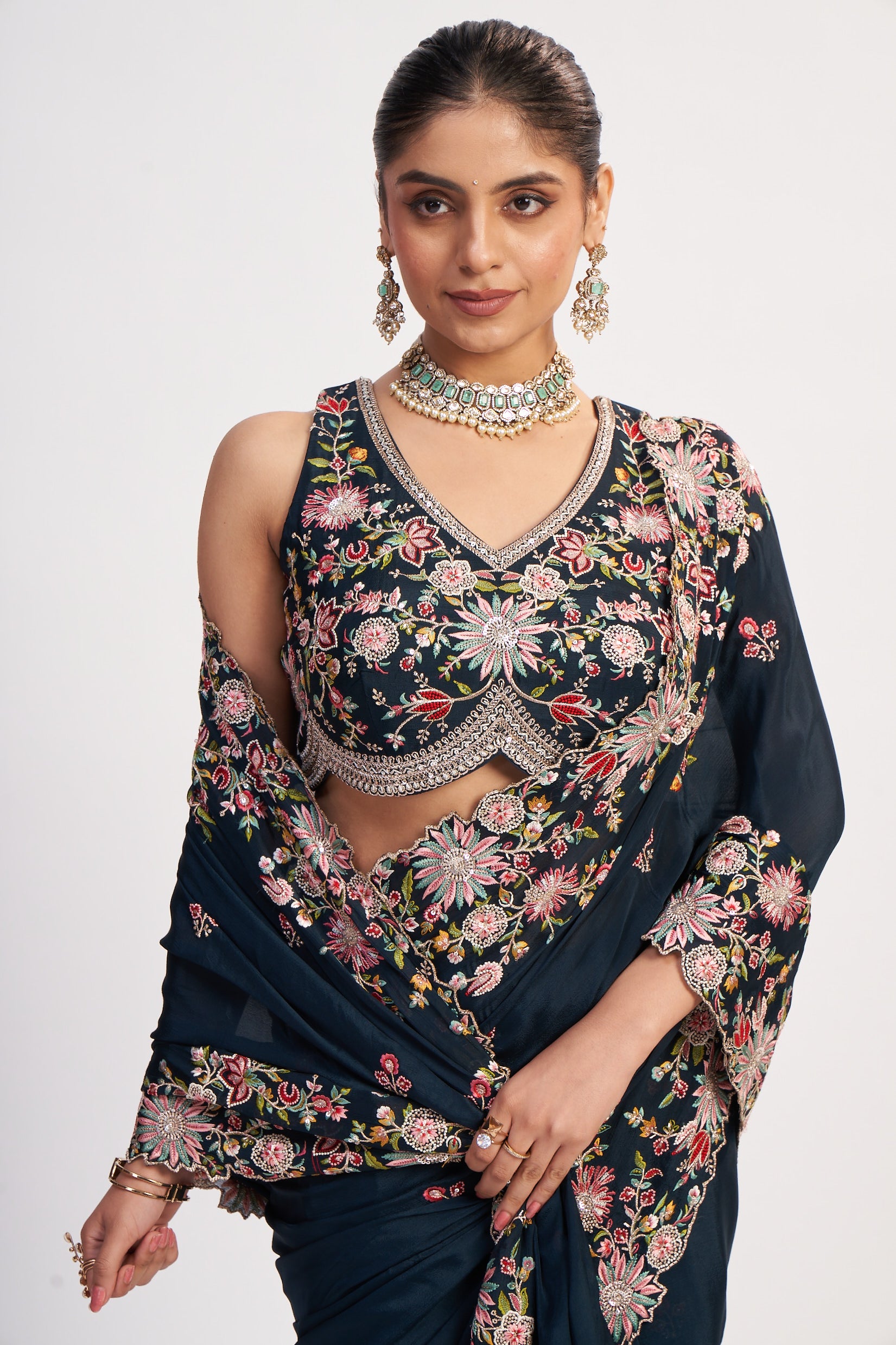 Indigo Chinon Multi-Thread Sequin Saree