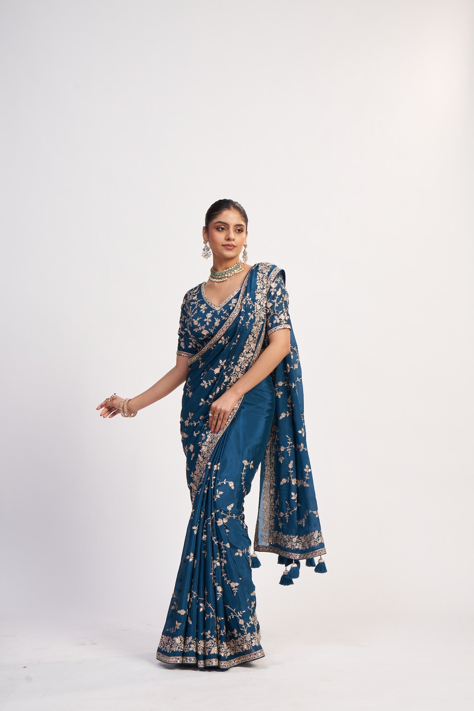 Royal Blue Chinon Saree With Thread Work