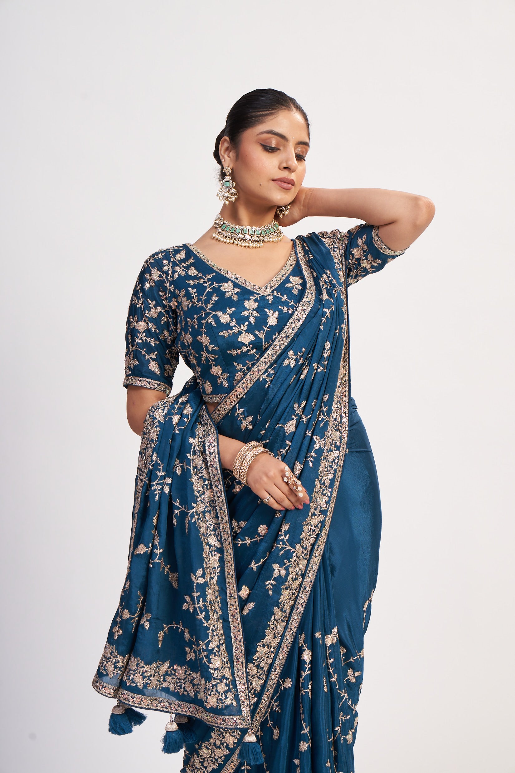 Royal Blue Chinon Saree With Thread Work