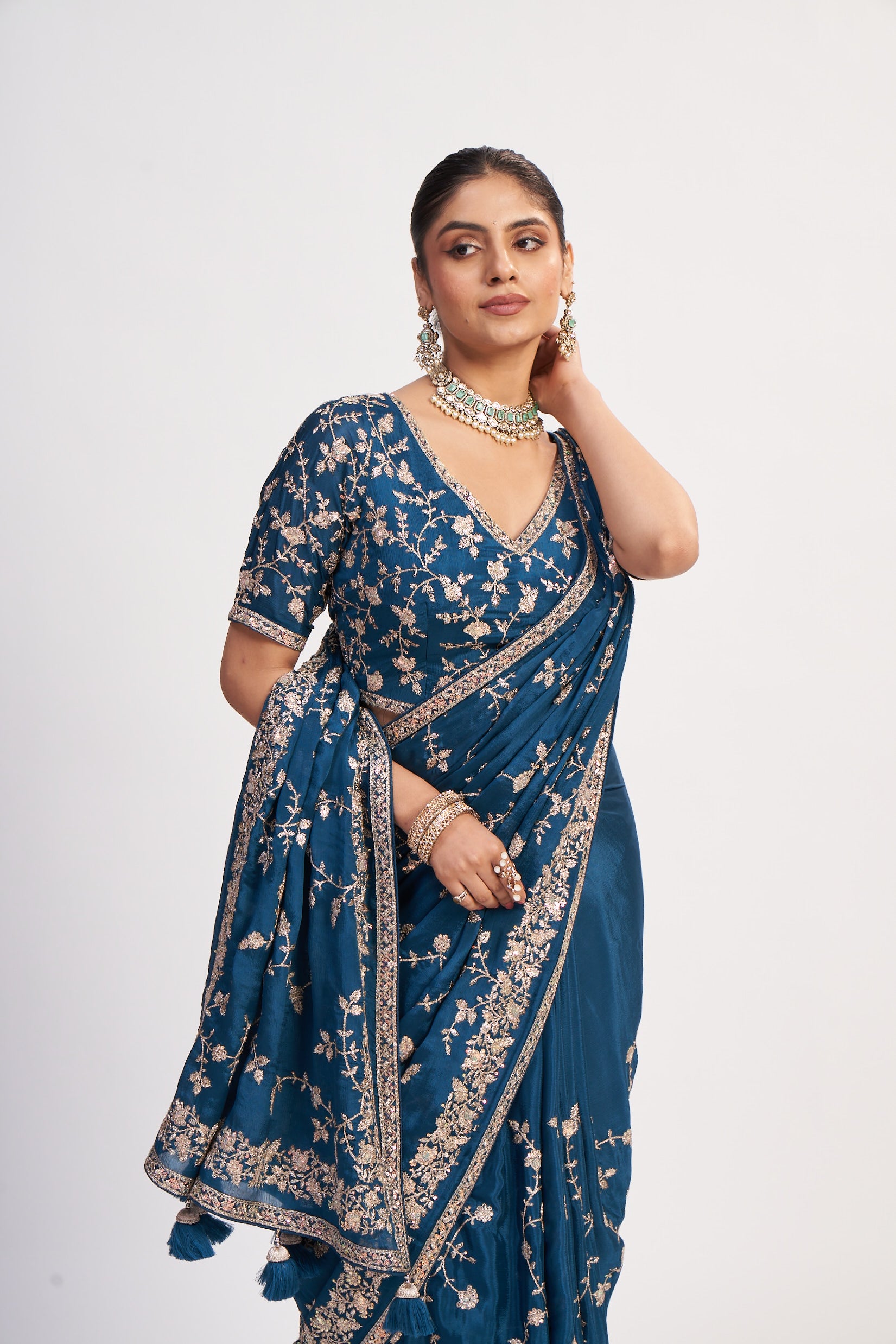 Royal Blue Chinon Saree With Thread Work