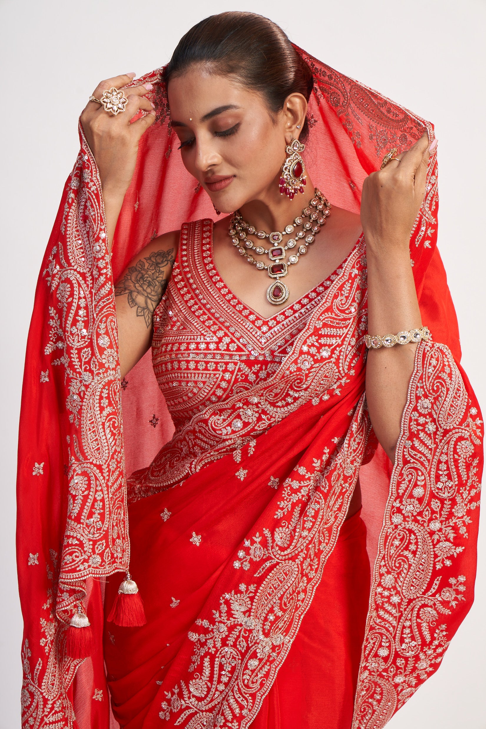 Red Chinon Thread And Sequin Saree