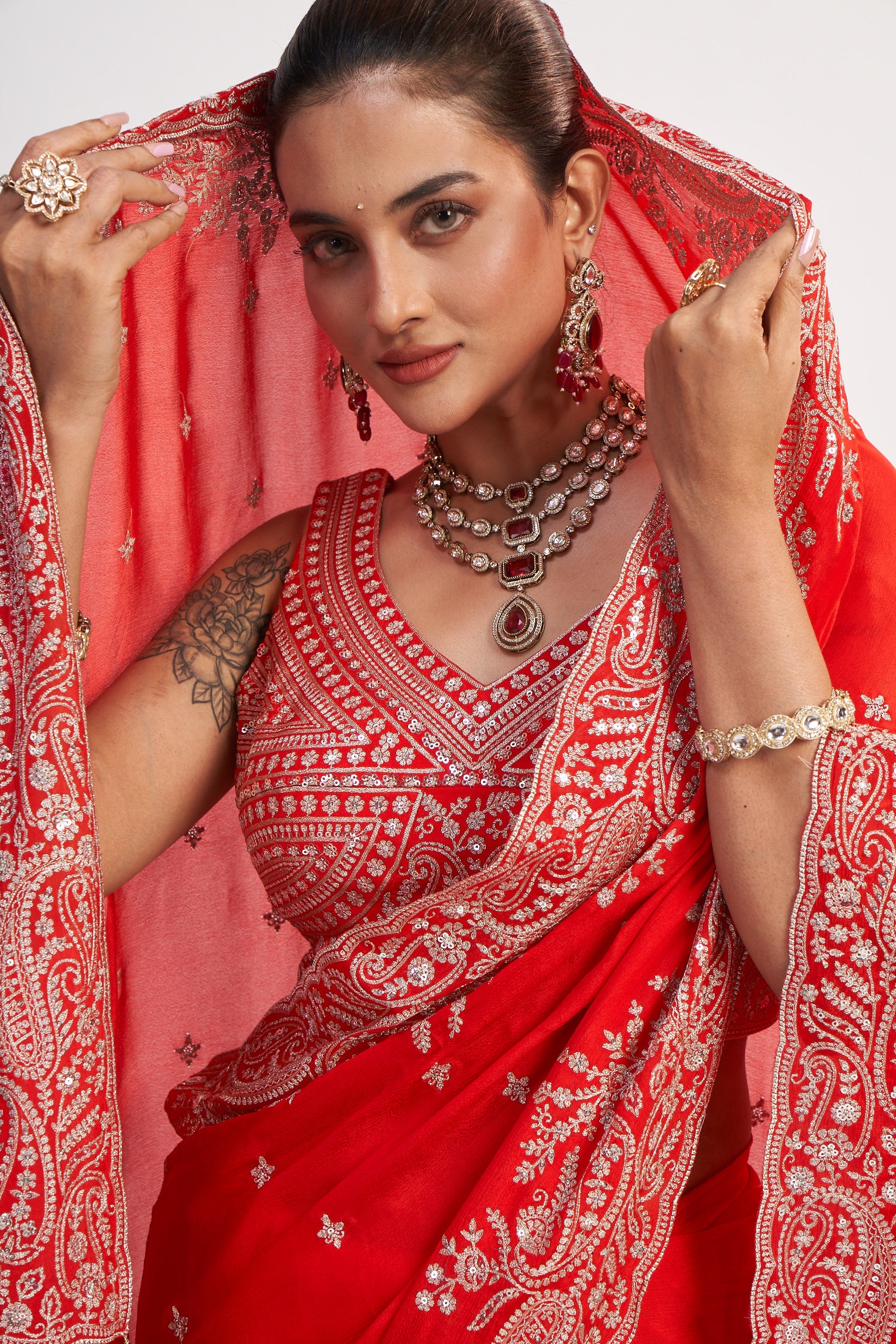 Red Chinon Thread And Sequin Saree