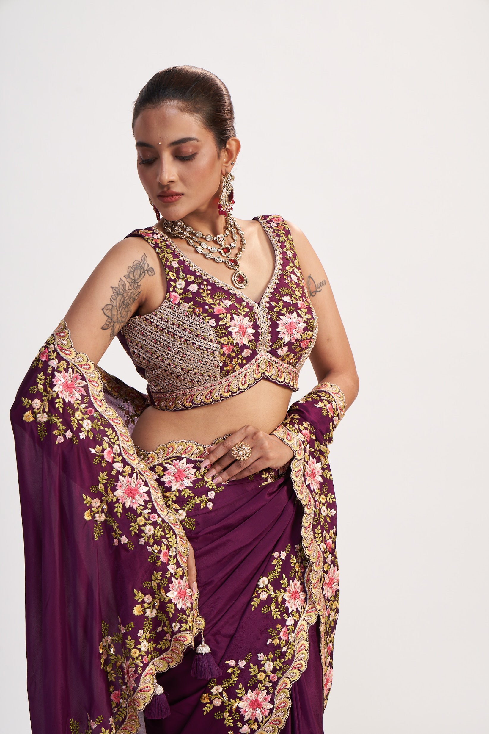 Berry Purple Chinon Multi Thread Sequin Saree