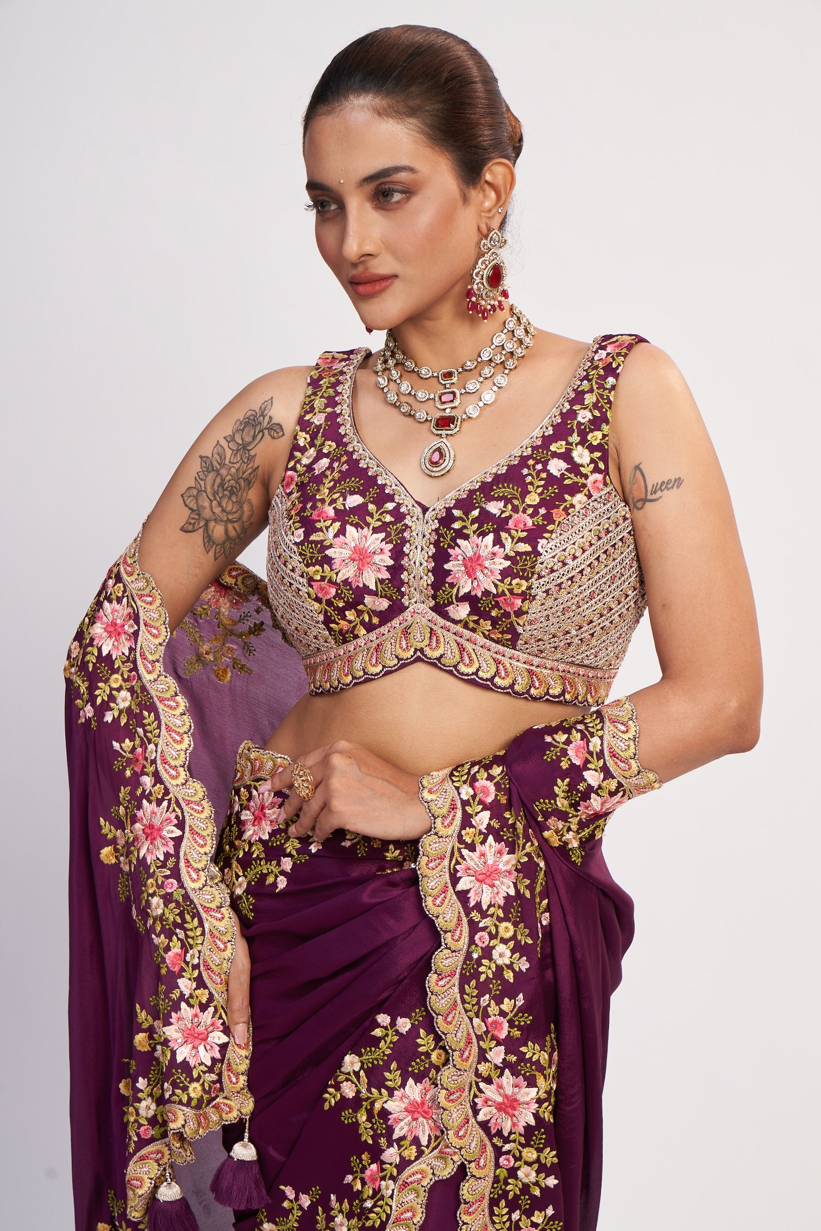 Berry Purple Chinon Multi Thread Sequin Saree