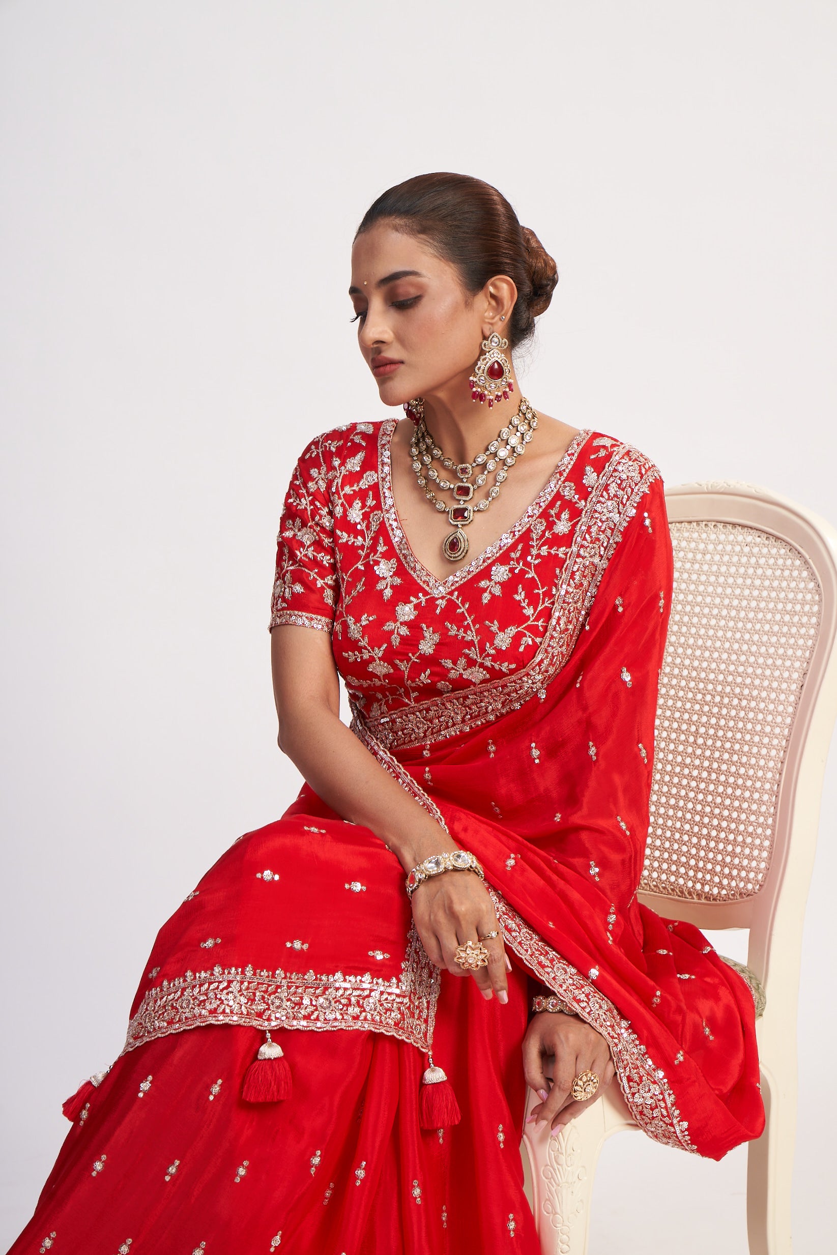Red Chinon Thread And Sequin Saree