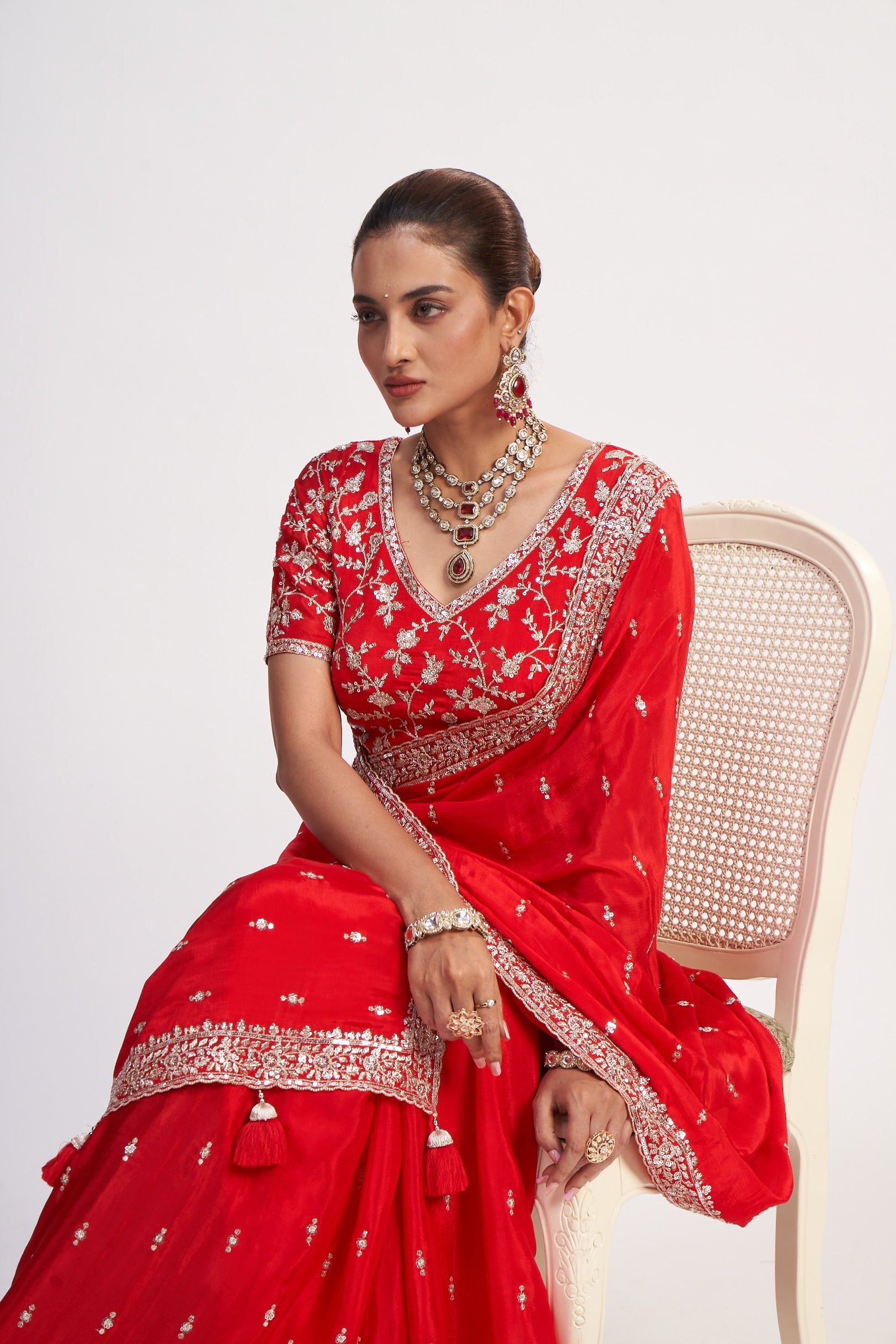 Red Chinon Thread And Sequin Saree