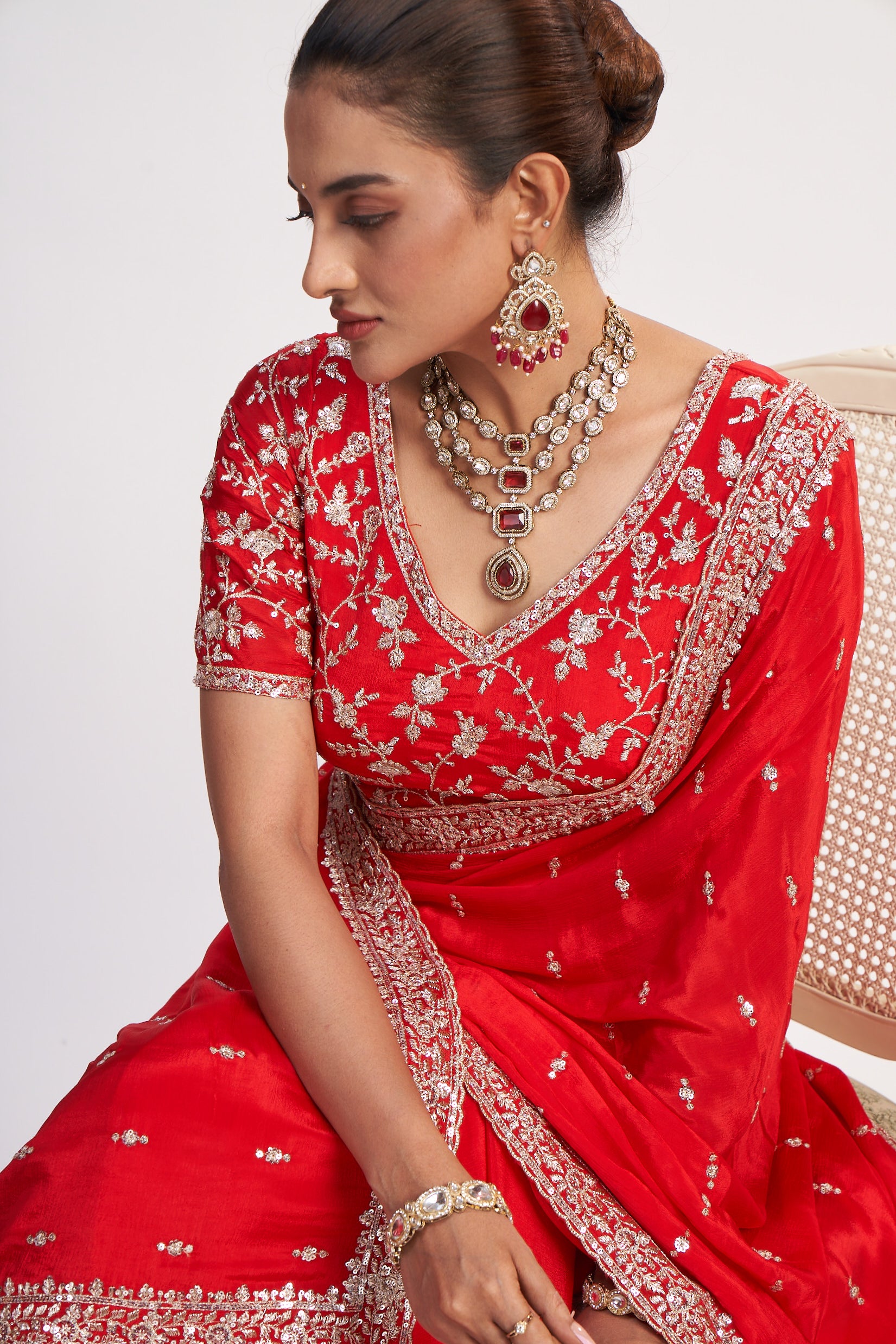 Red Chinon Thread And Sequin Saree