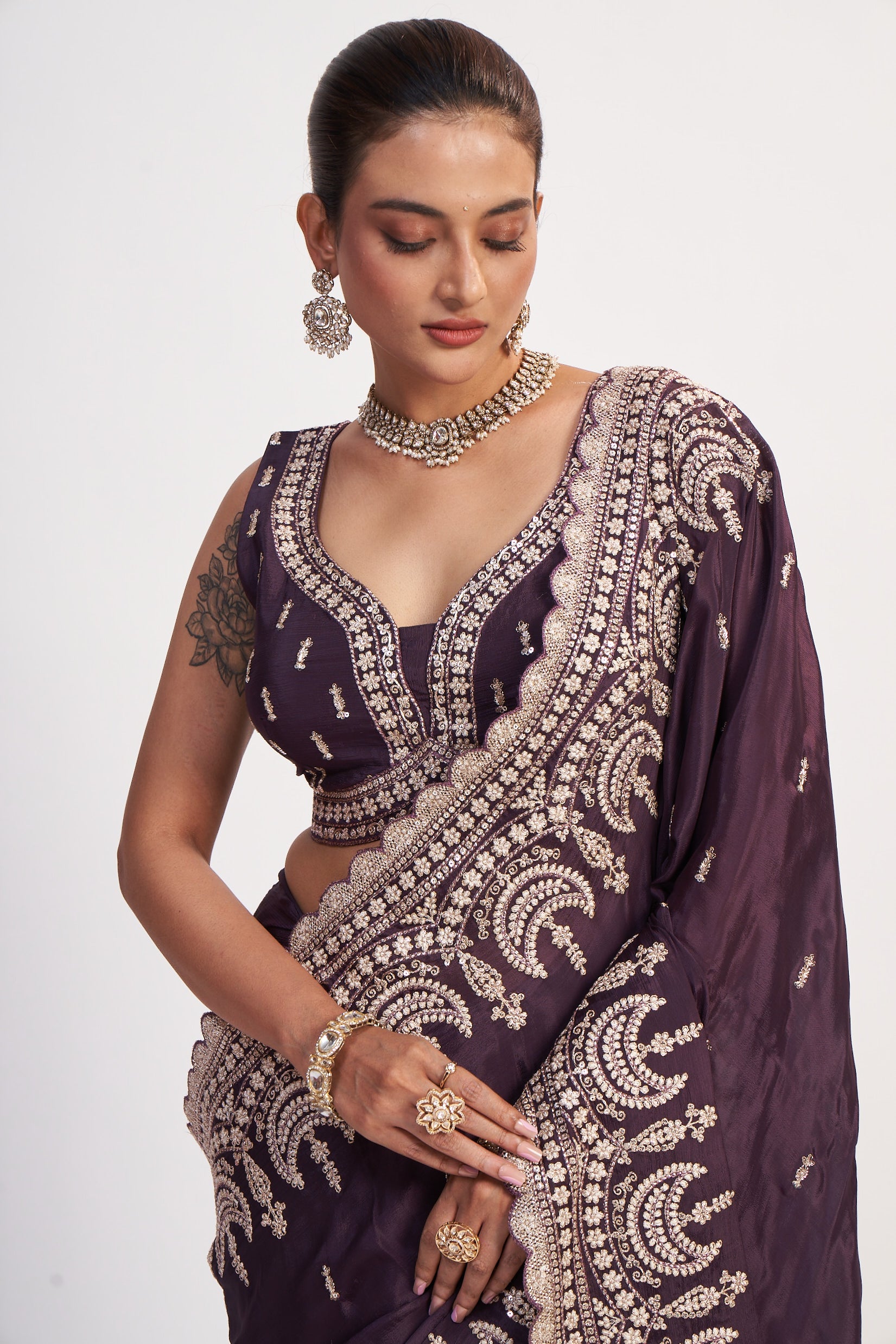 Wine Charm Chinon Sequin Saree