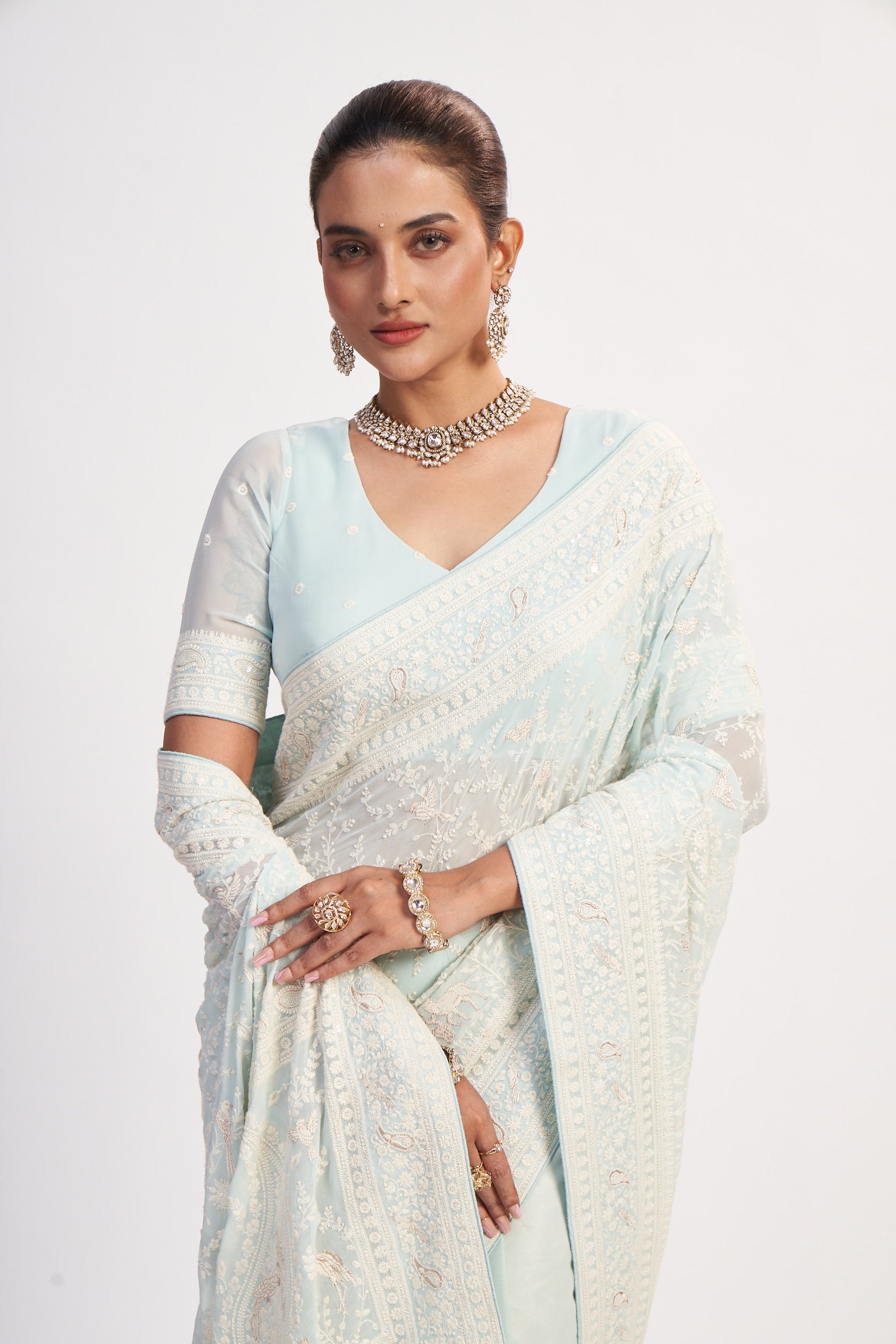 Light Aqua Georgette Thread And Sequin Saree