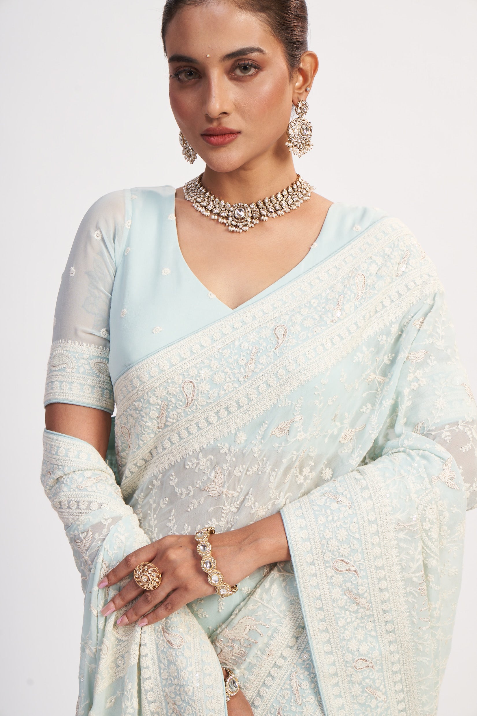 Light Aqua Georgette Thread And Sequin Saree