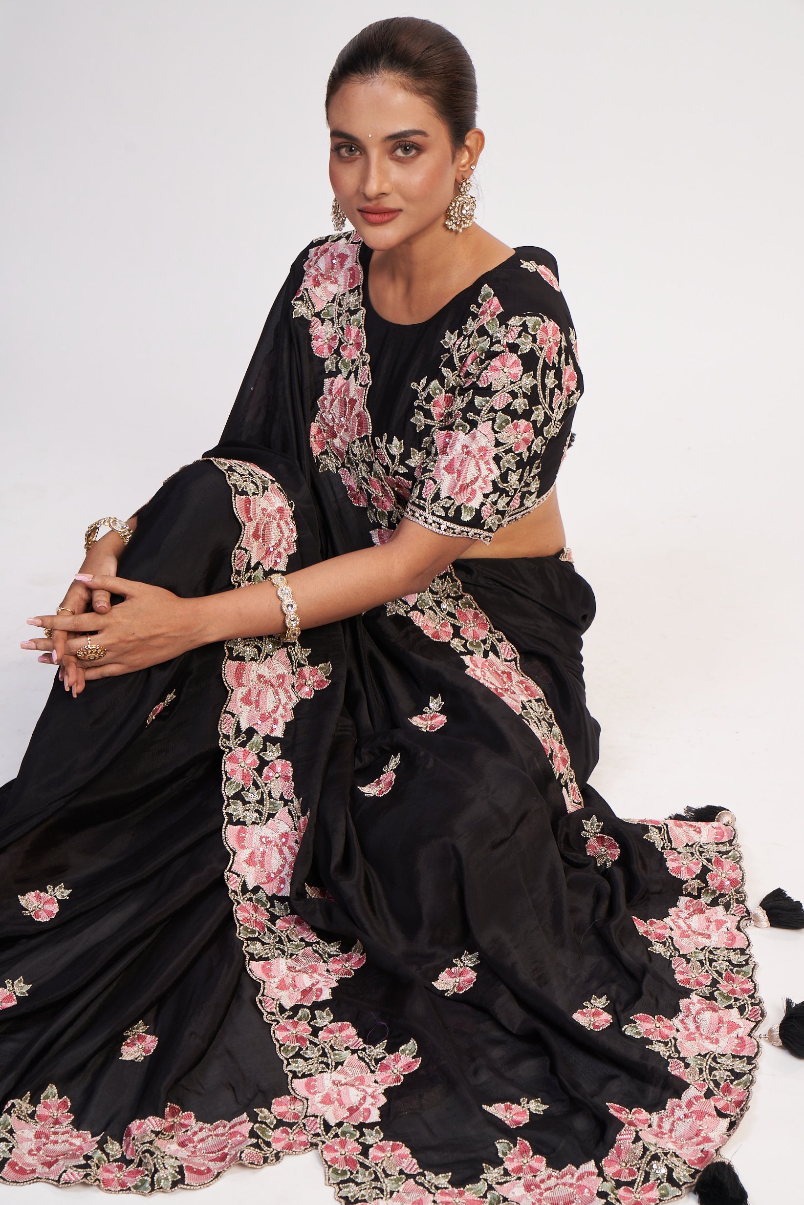 Black Chinon Multi-Thread Sequin &amp; Moti Saree