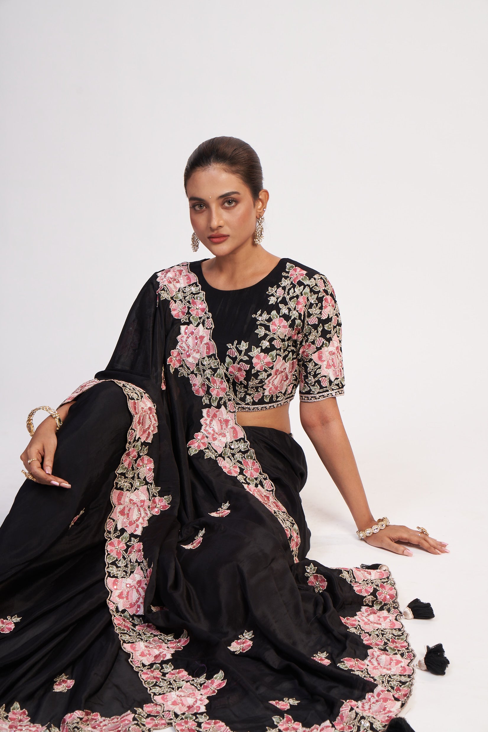Black Chinon Multi-Thread Sequin &amp; Moti Saree