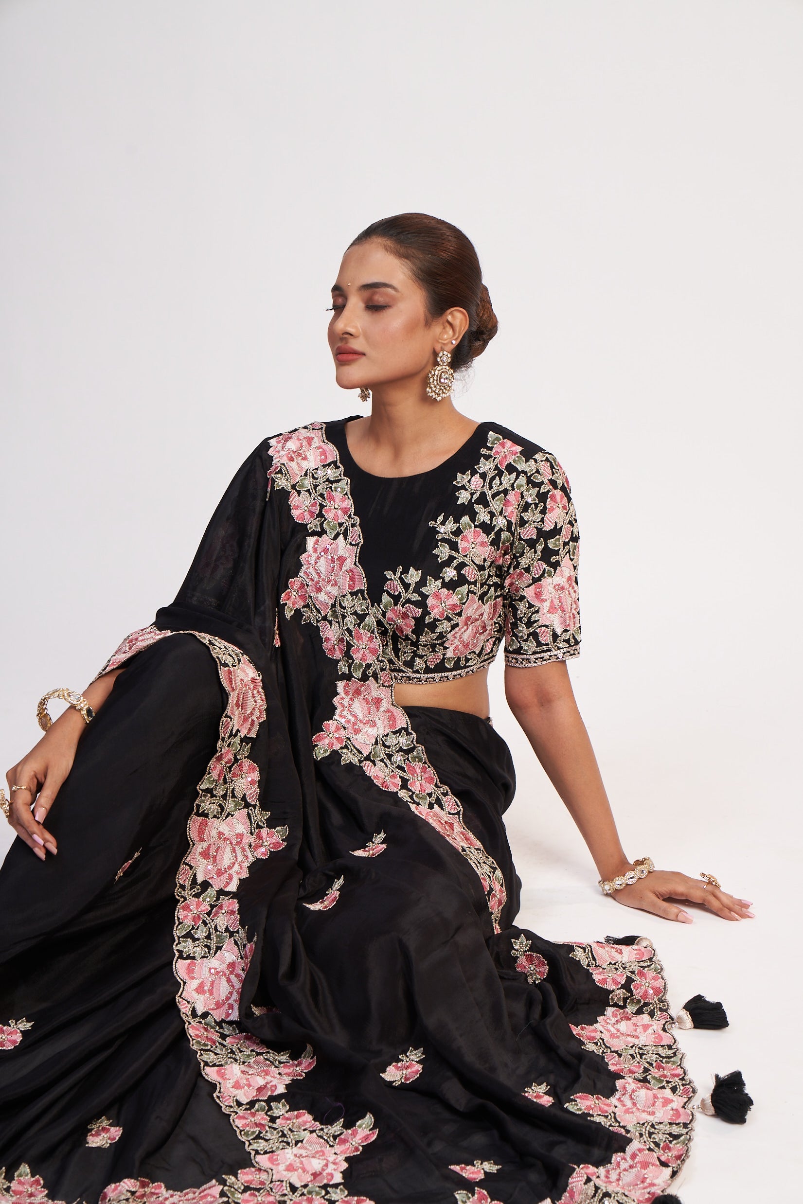 Black Chinon Multi-Thread Sequin &amp; Moti Saree