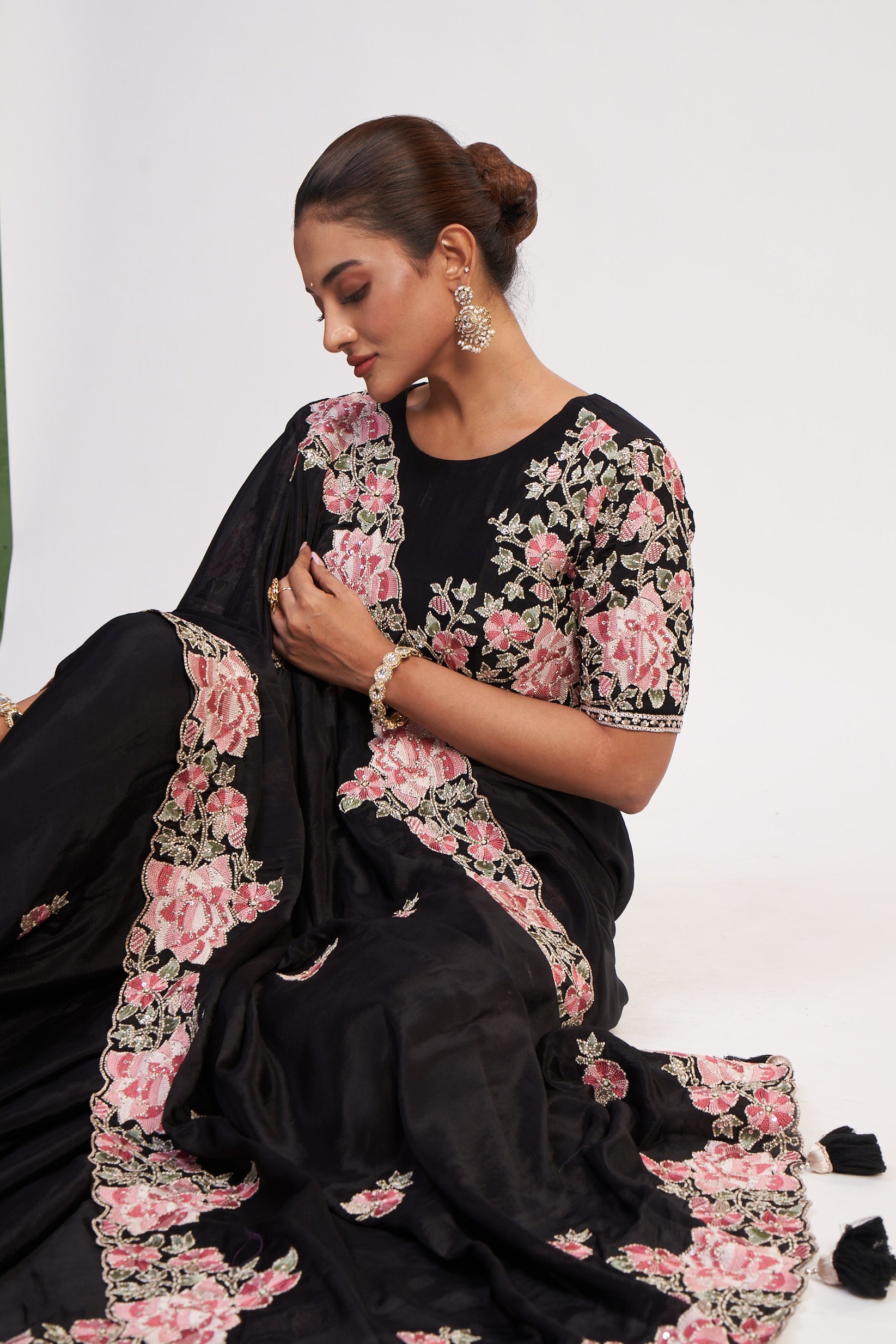 Black Chinon Multi-Thread Sequin &amp; Moti Saree