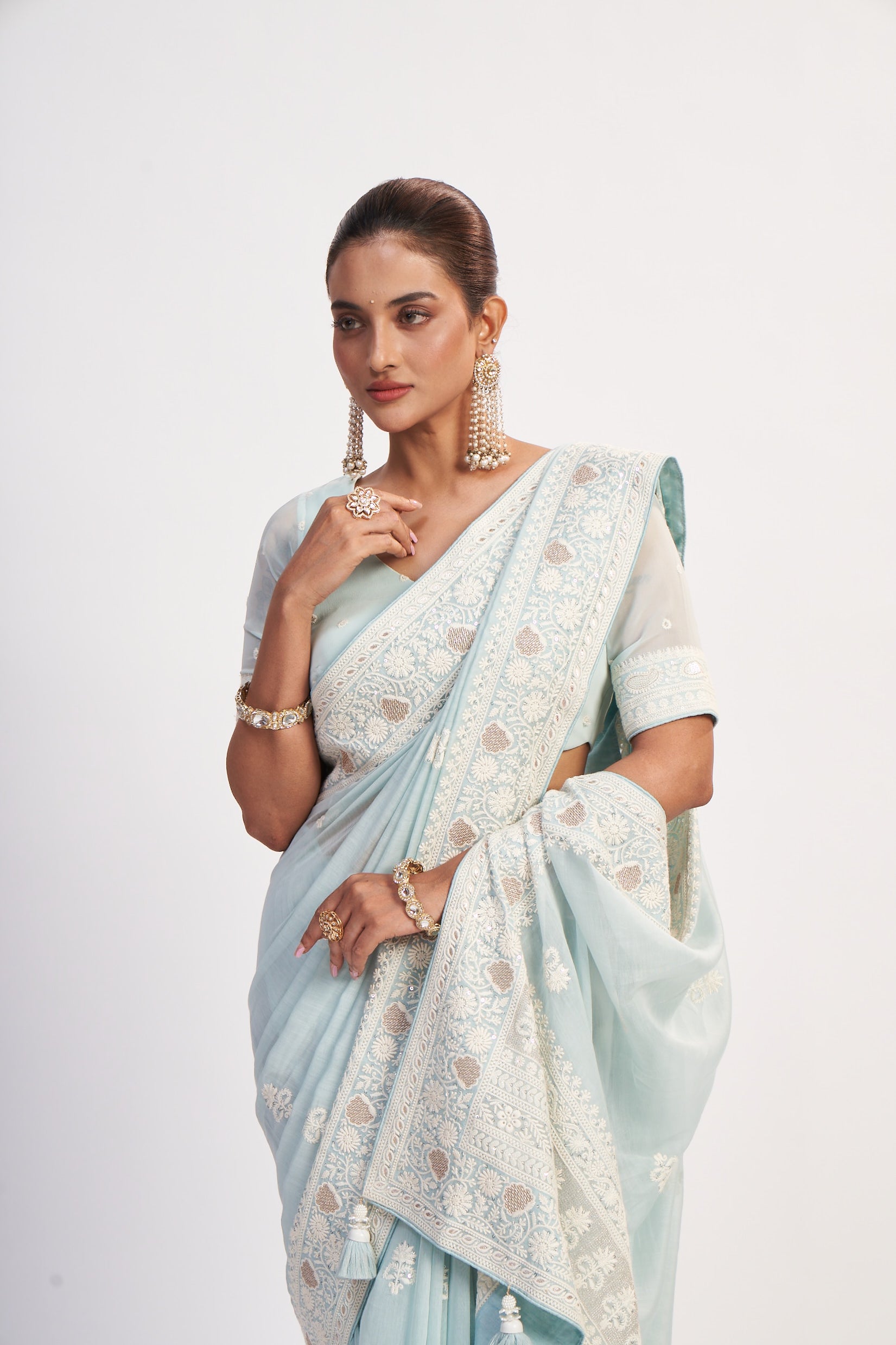 Pastel Aqua Georgette Thread Saree