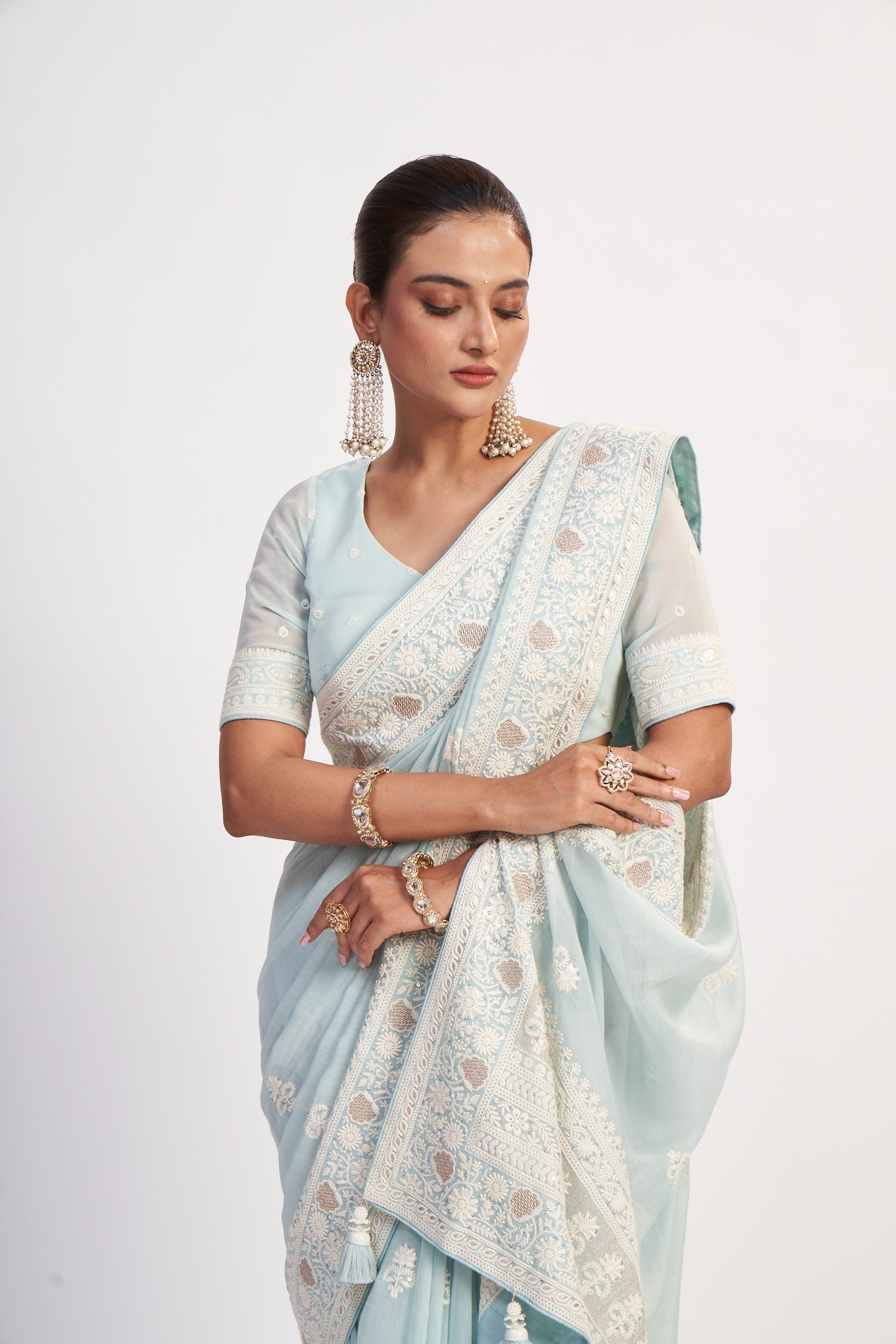 Pastel Aqua Georgette Thread Saree