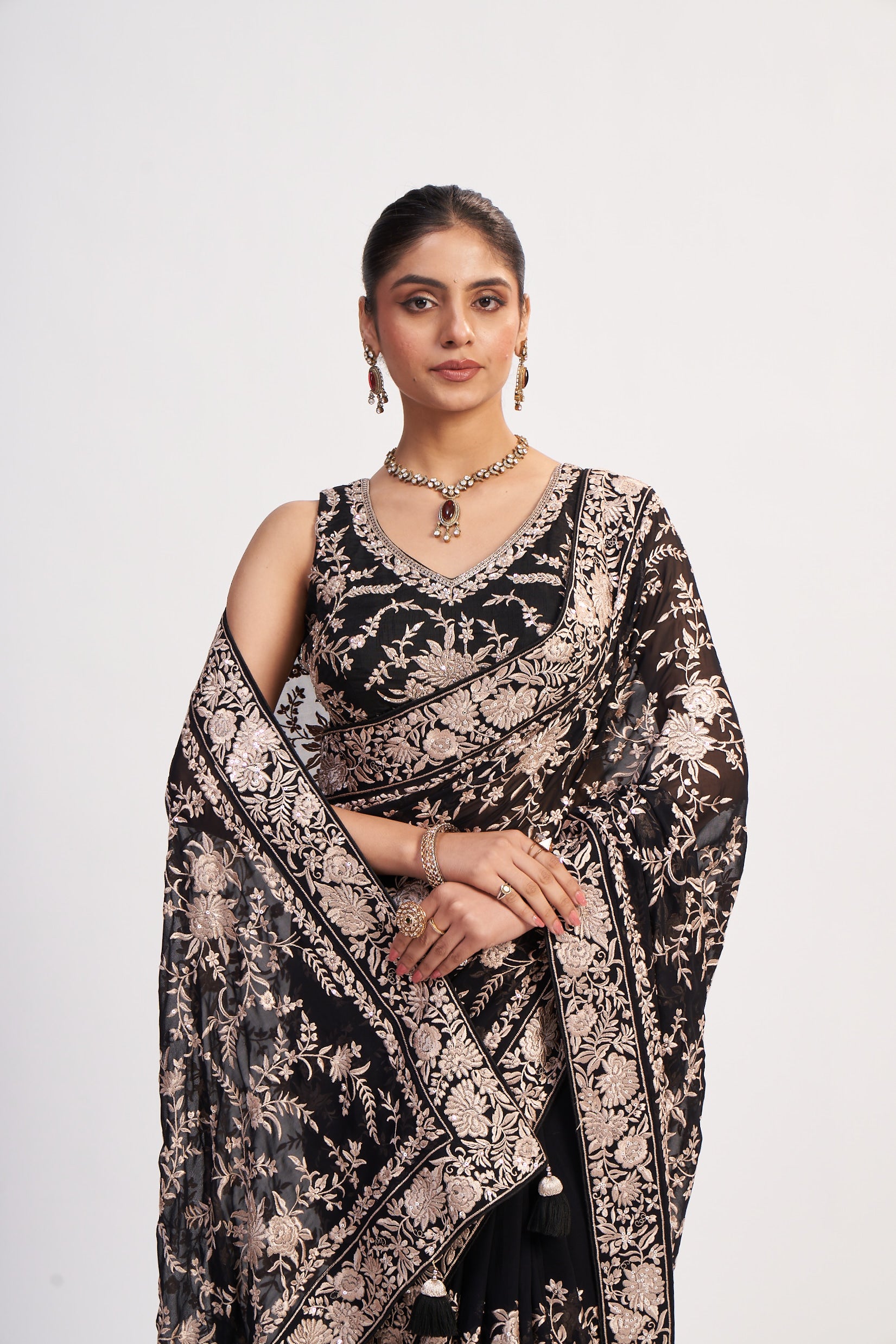 Black Georgette Thread And Sequin Saree
