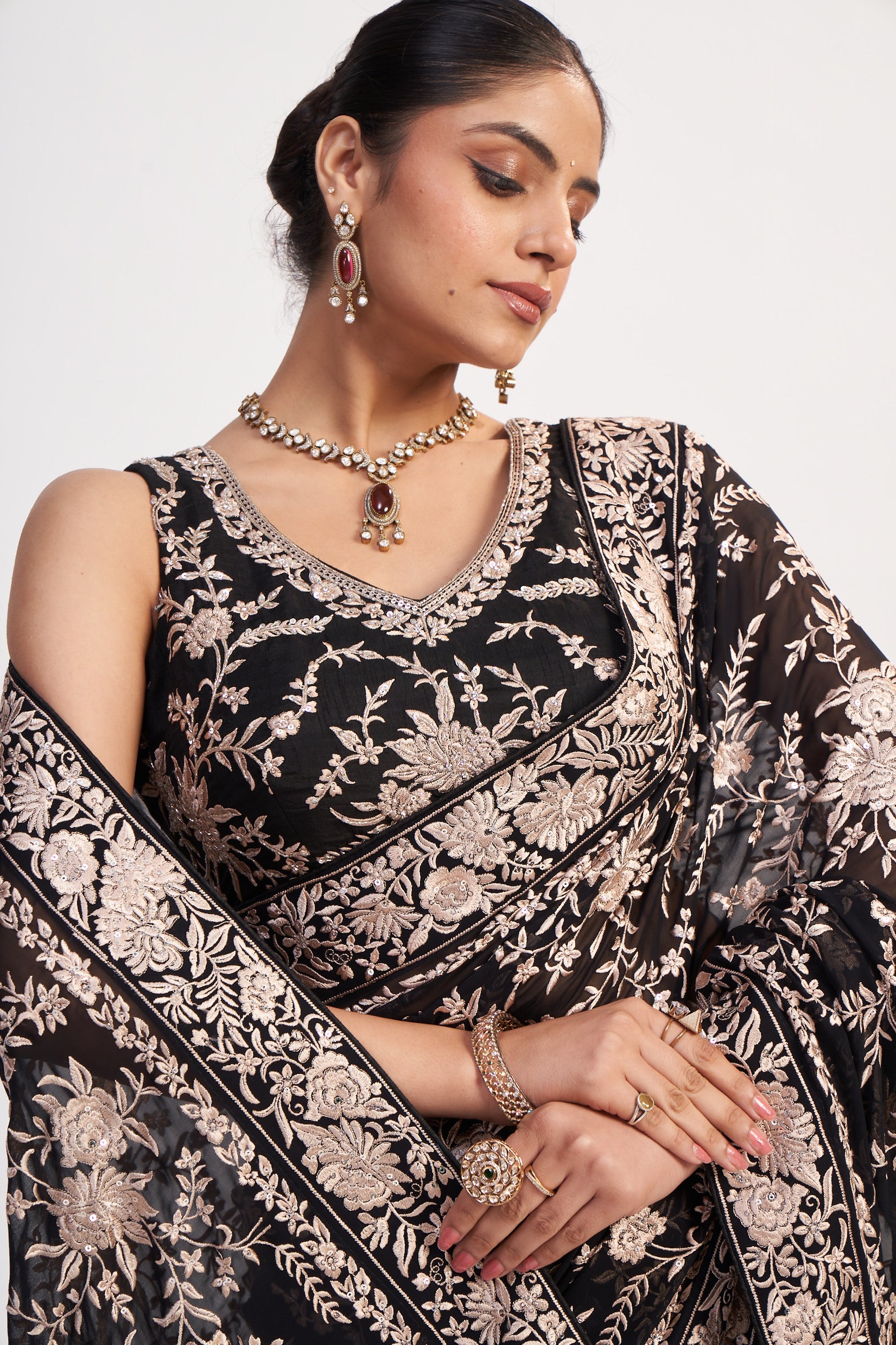 Black Georgette Thread And Sequin Saree
