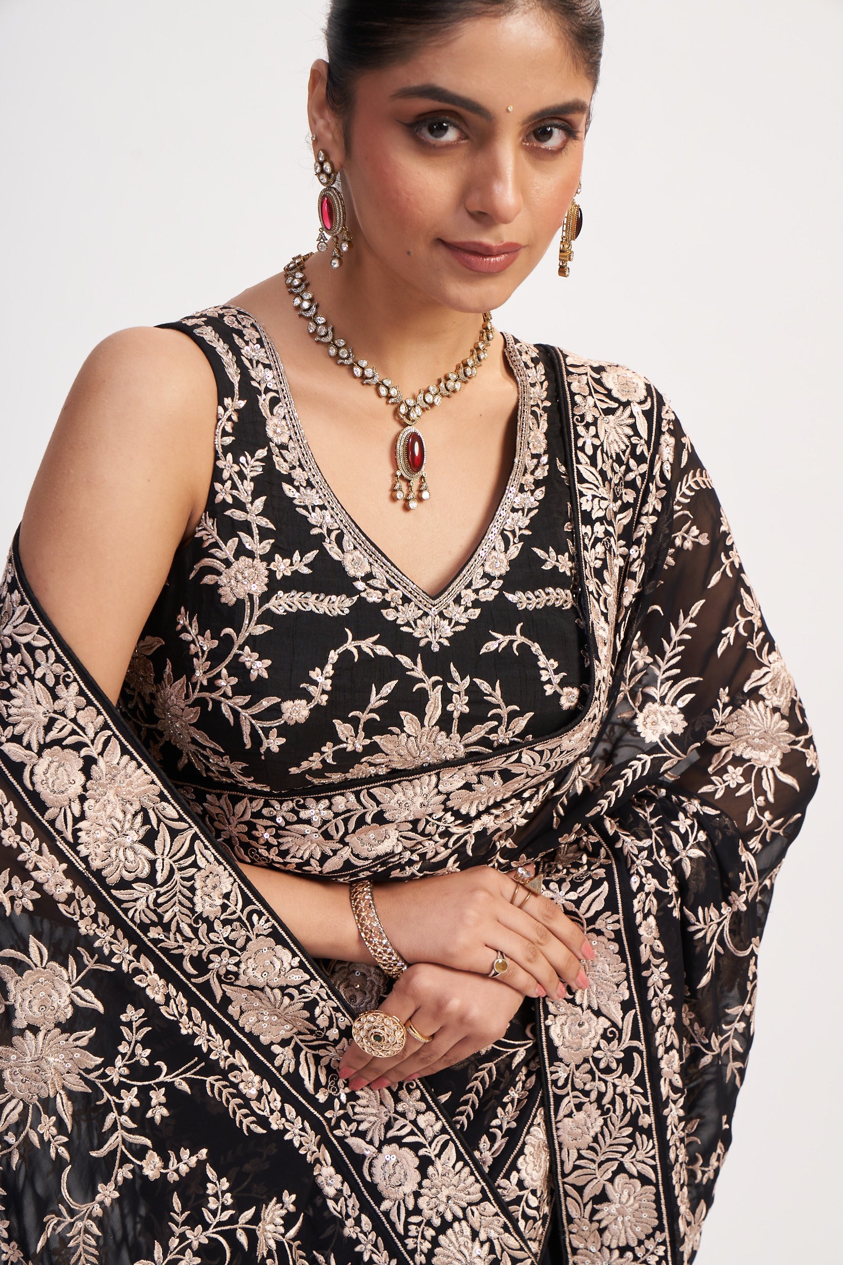 Black Georgette Thread And Sequin Saree