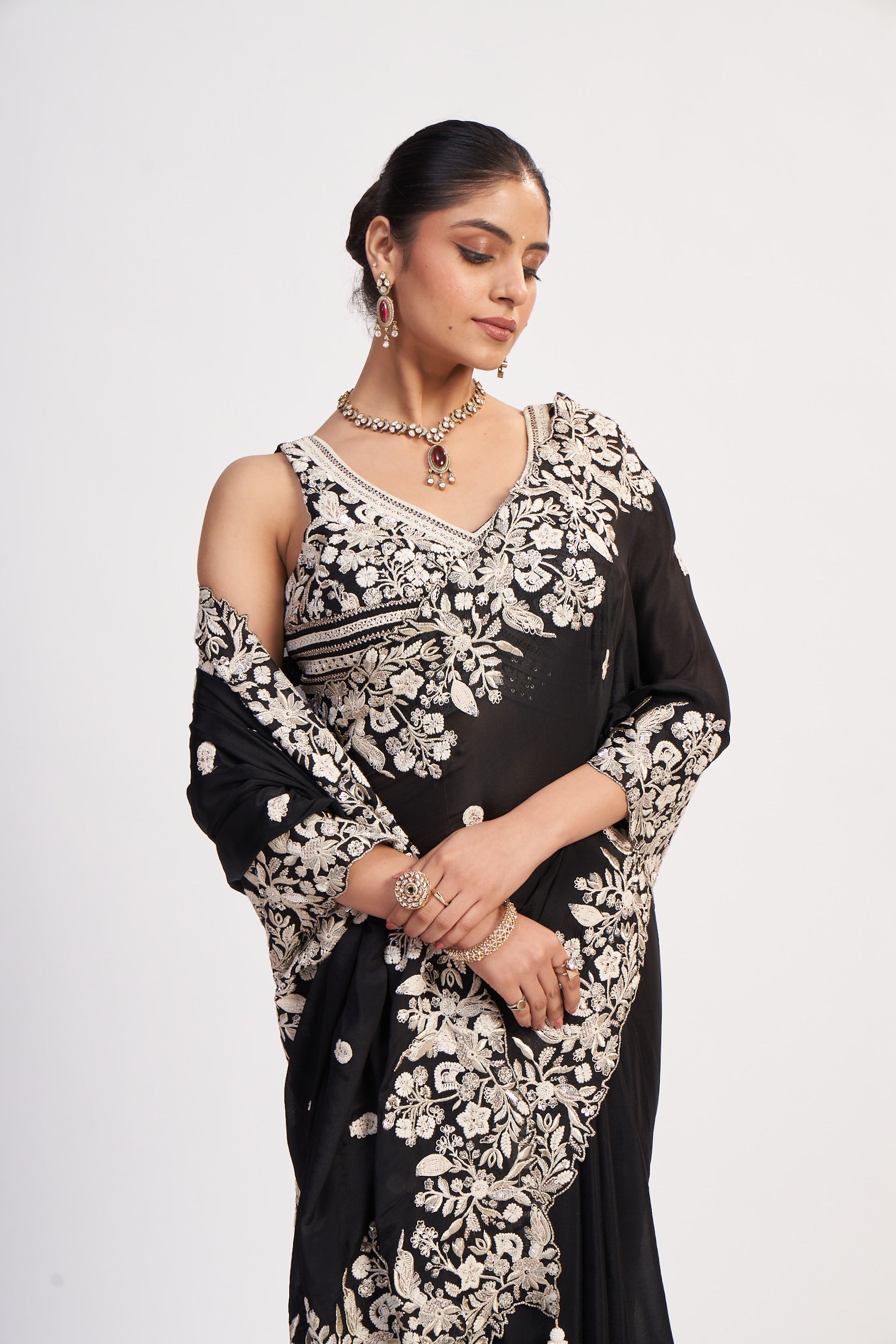 Black Chinon Thread And Sequin Saree