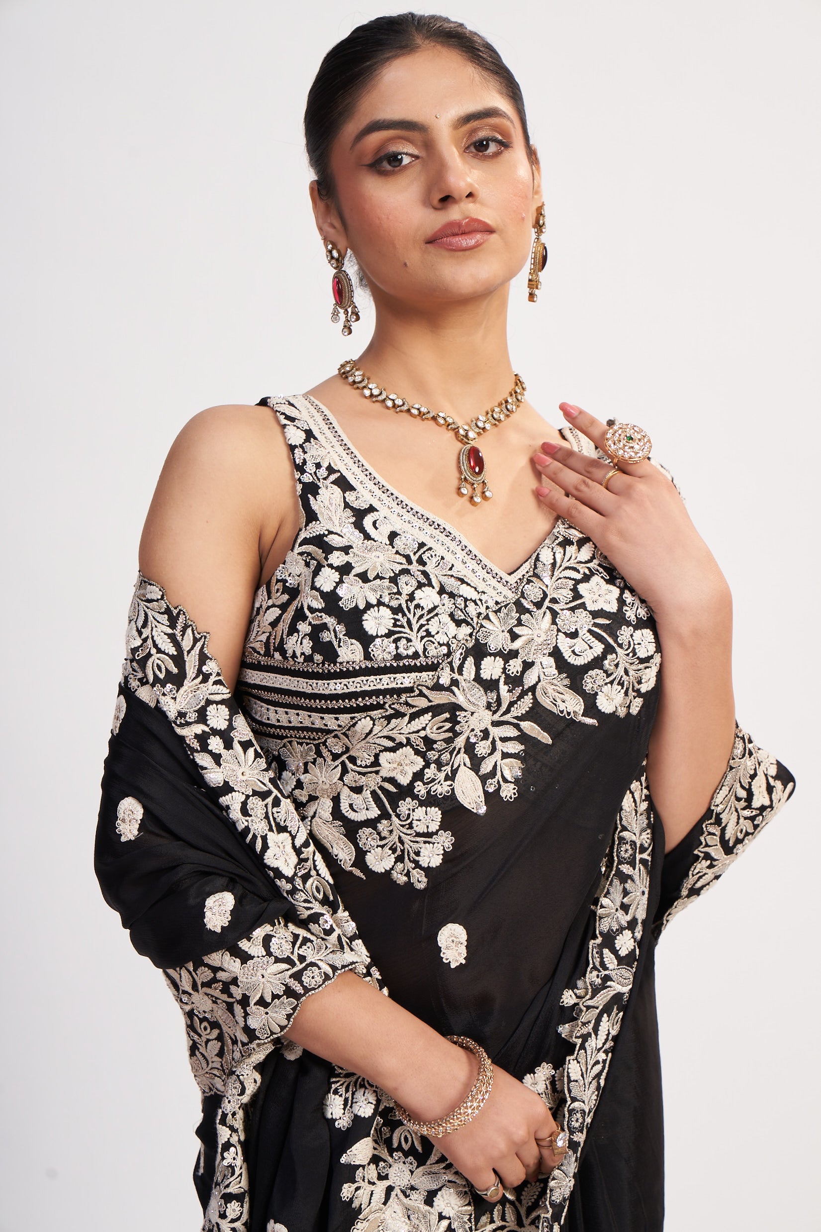 Black Chinon Thread And Sequin Saree