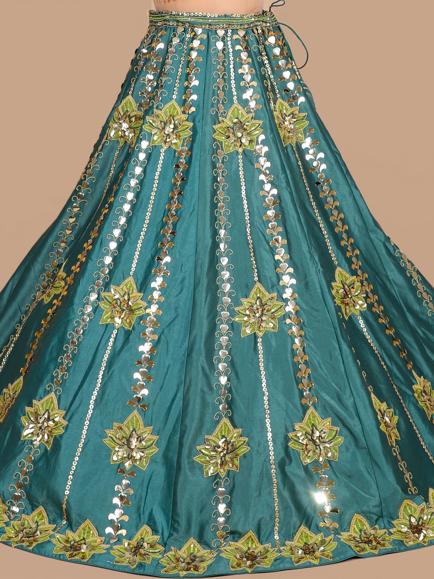 Teal Raw Silk Aplique Work lehenga for wedding