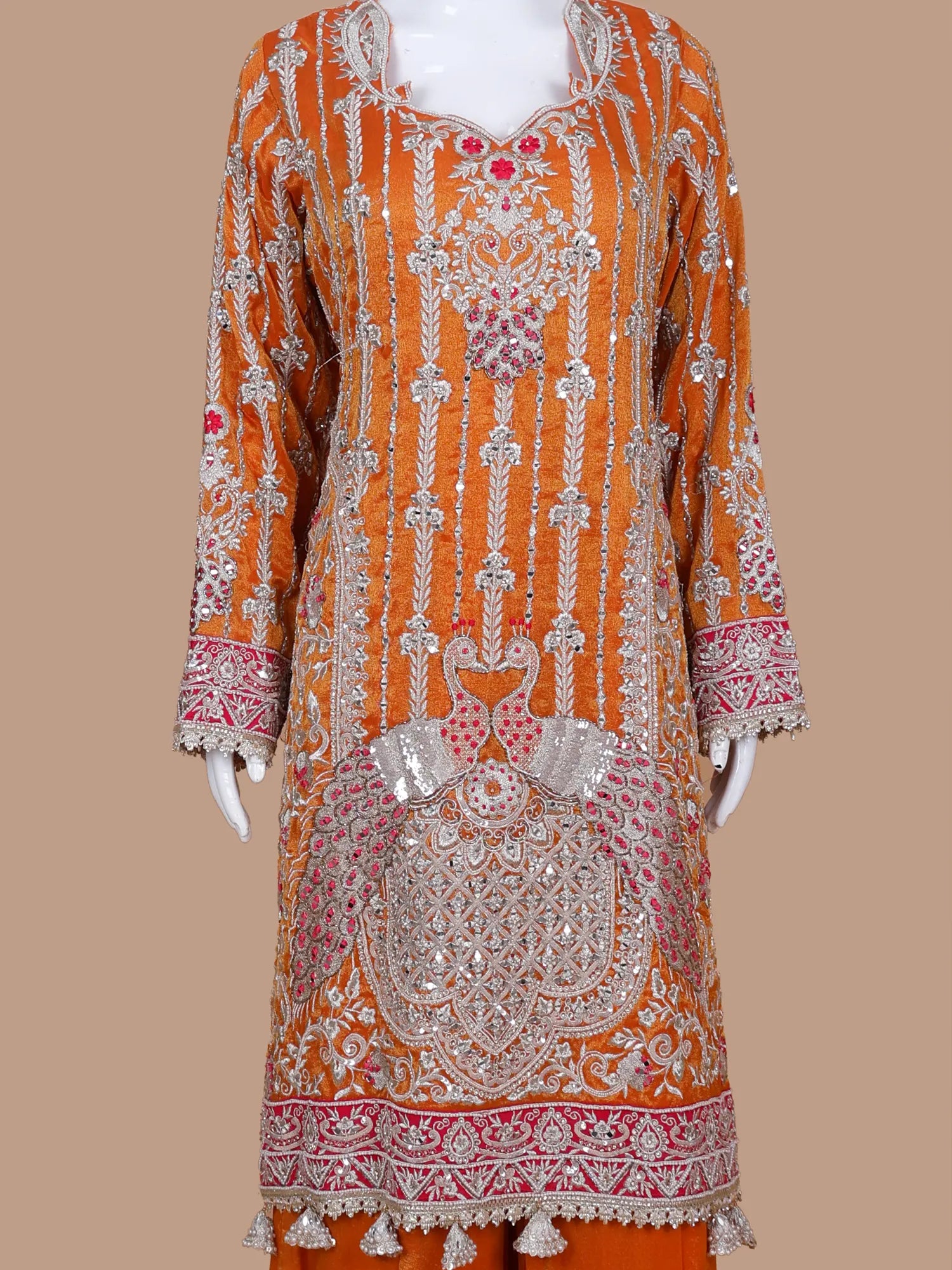 Rust Orange Designer Organza Palazzo Suit With Peacock Figure Art