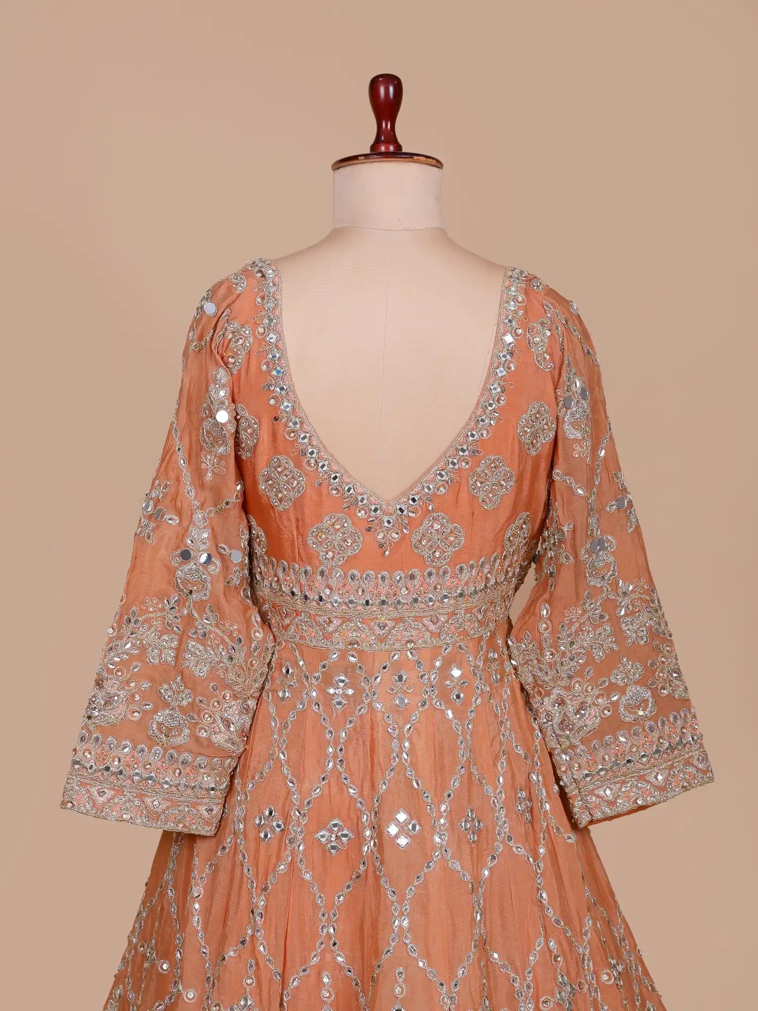 Peach Silk Indo Western Long Lehenga Featuring Diamond Accents