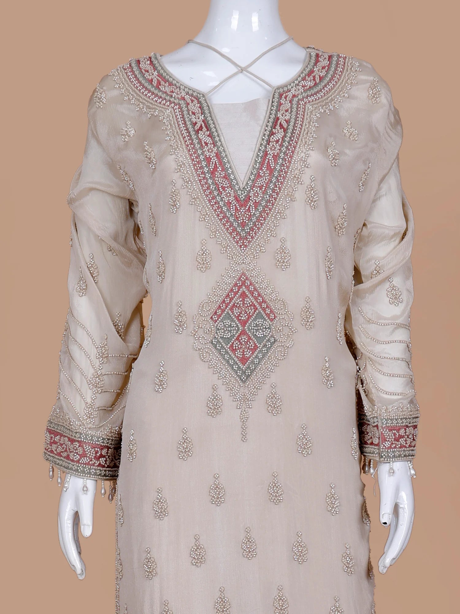 Get Champagne Silk Traditional Suit Crafted In Fine Bead And Threadwork