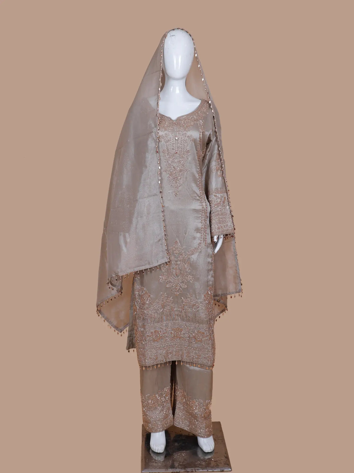 Elegant Chickoo Shimmer Silk Salwar Suit with Floral Bead Detailing