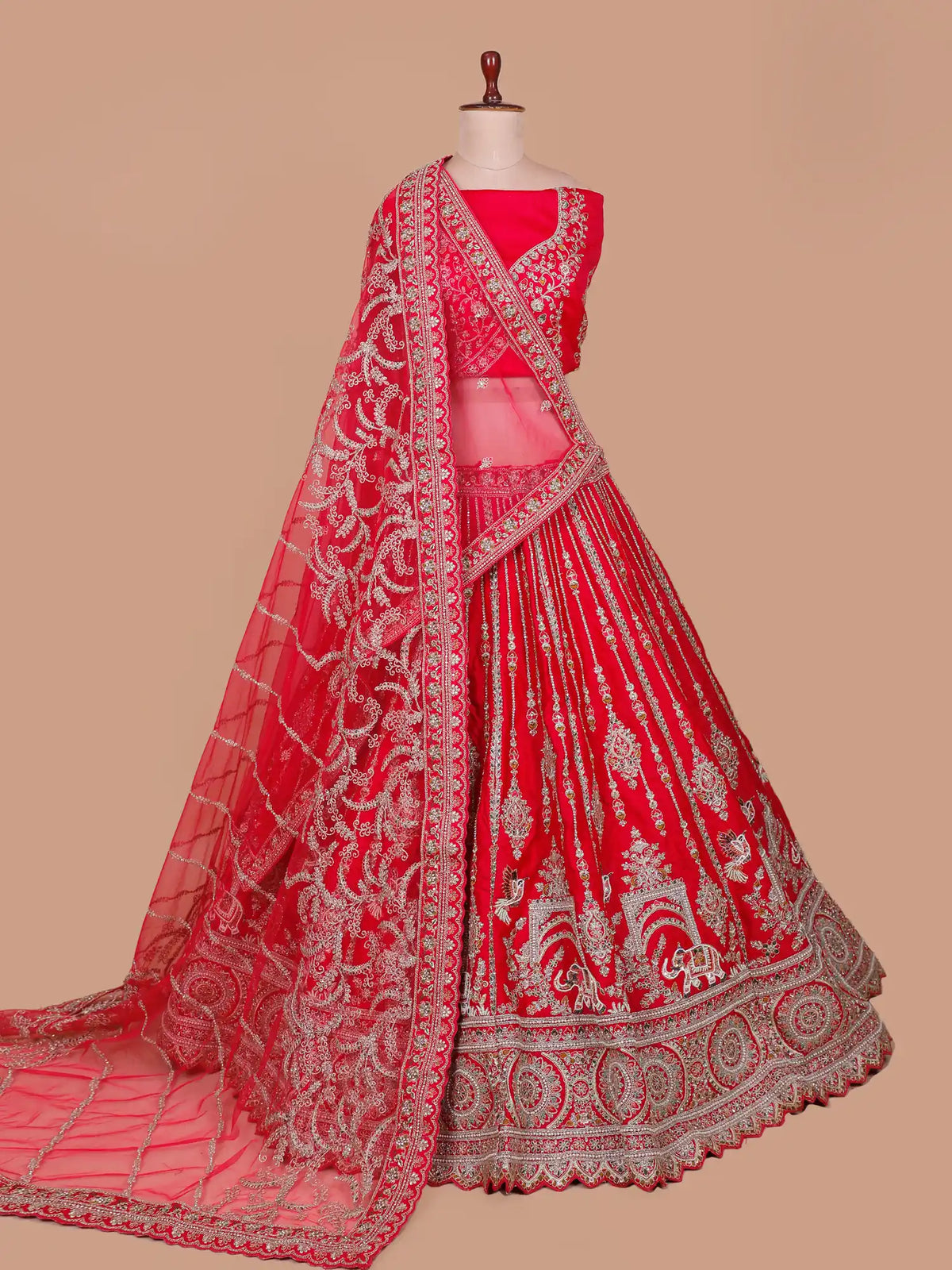 Premium Crimson Silk Wedding Lehenga Featuring Bird and Elephant Embroidery